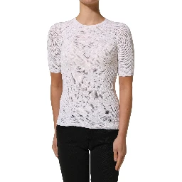 White Floral Lace Knit Fabric Short Sleeves Blouse Top