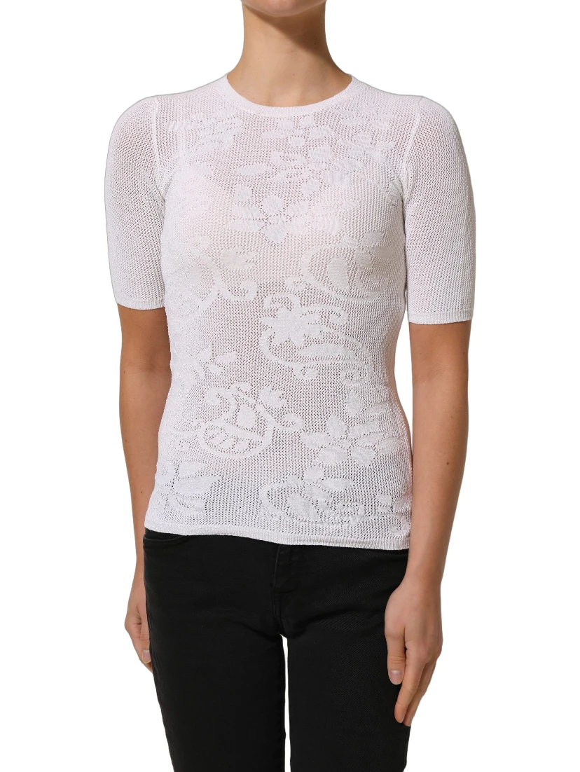 White Floral Lace Knit Fabric Short Sleeves Blouse Top
