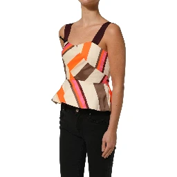 Multicolor Striped Cotton Sleeveless Draped Peplum Top