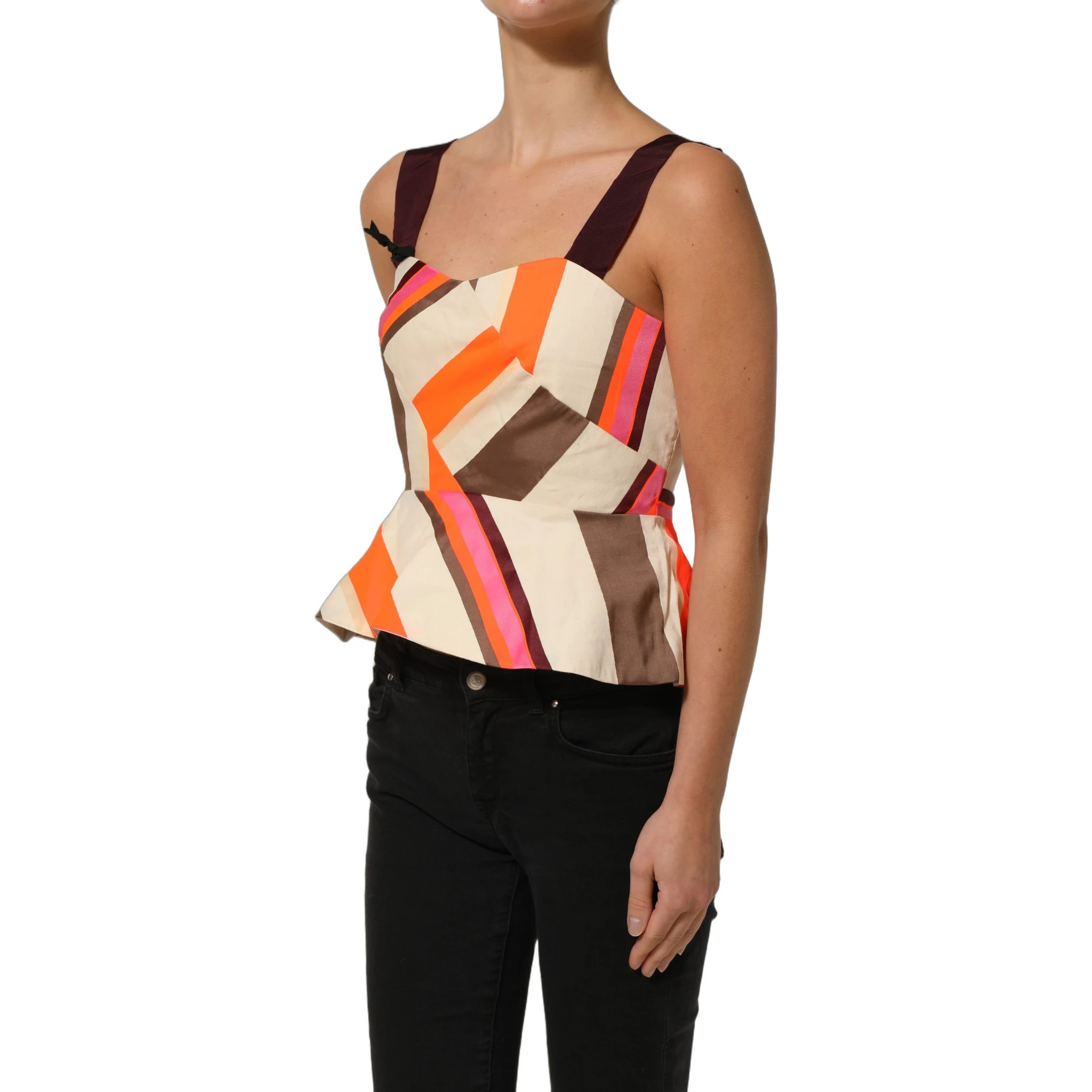 Multicolor Striped Cotton Sleeveless Draped Peplum Top