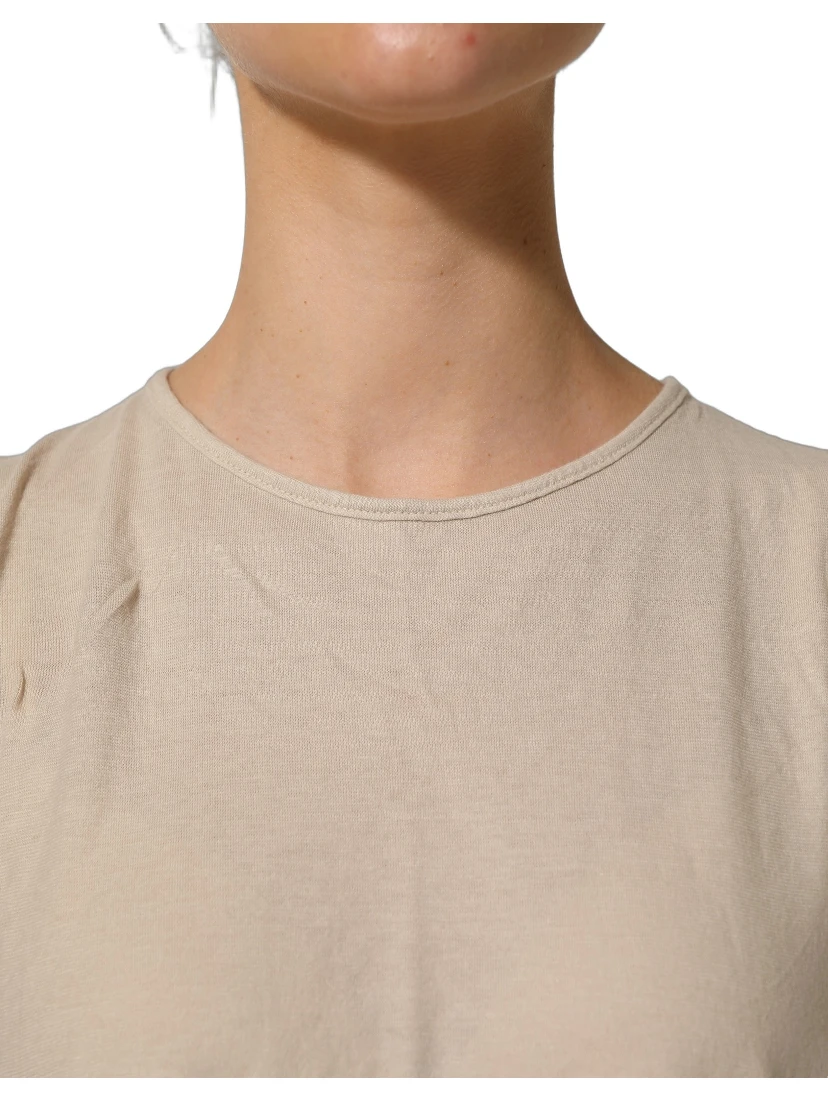 Beige Cotton Lace Detailing Round Neck Top