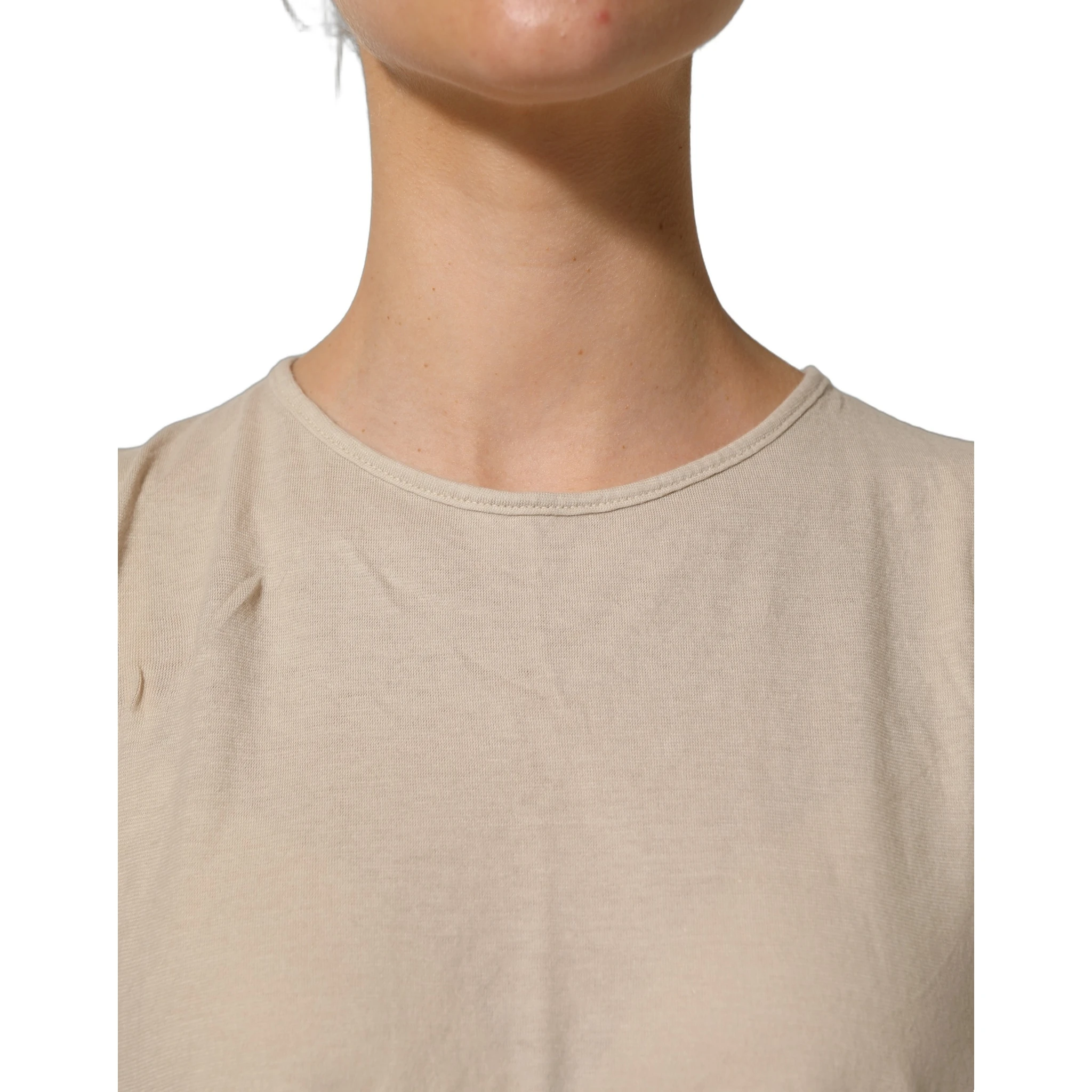 Beige Cotton Lace Detailing Round Neck Top