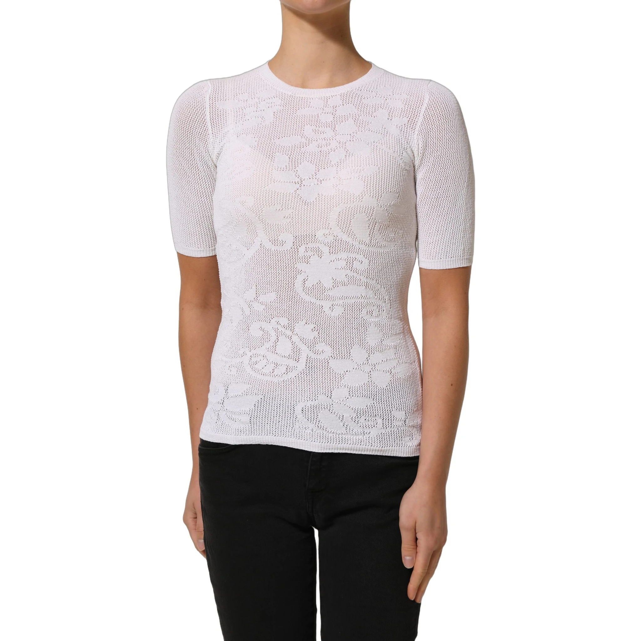 White Floral Lace Knit Fabric Short Sleeves Blouse Top