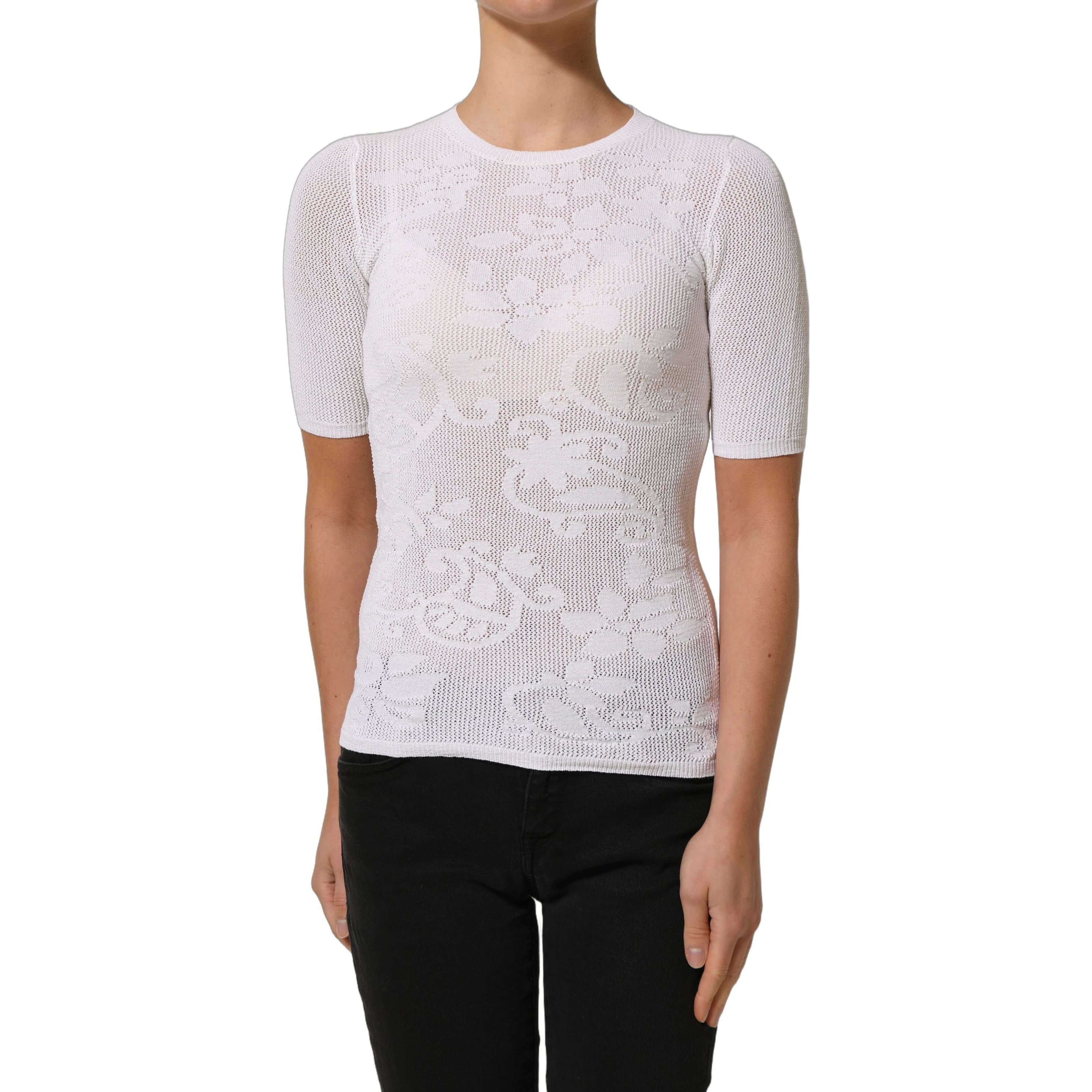 White Floral Lace Knit Fabric Short Sleeves Blouse Top