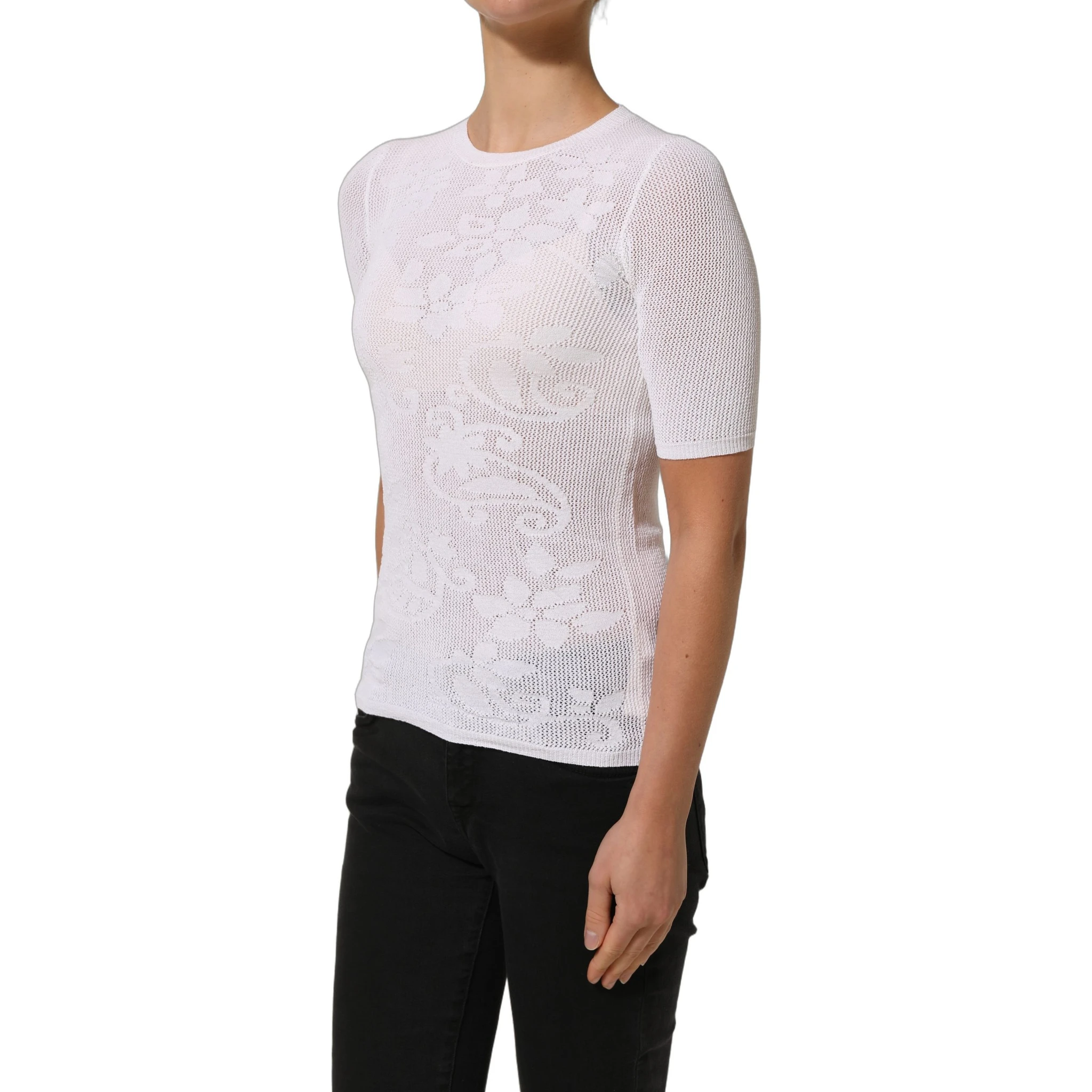 White Floral Lace Knit Fabric Short Sleeves Blouse Top