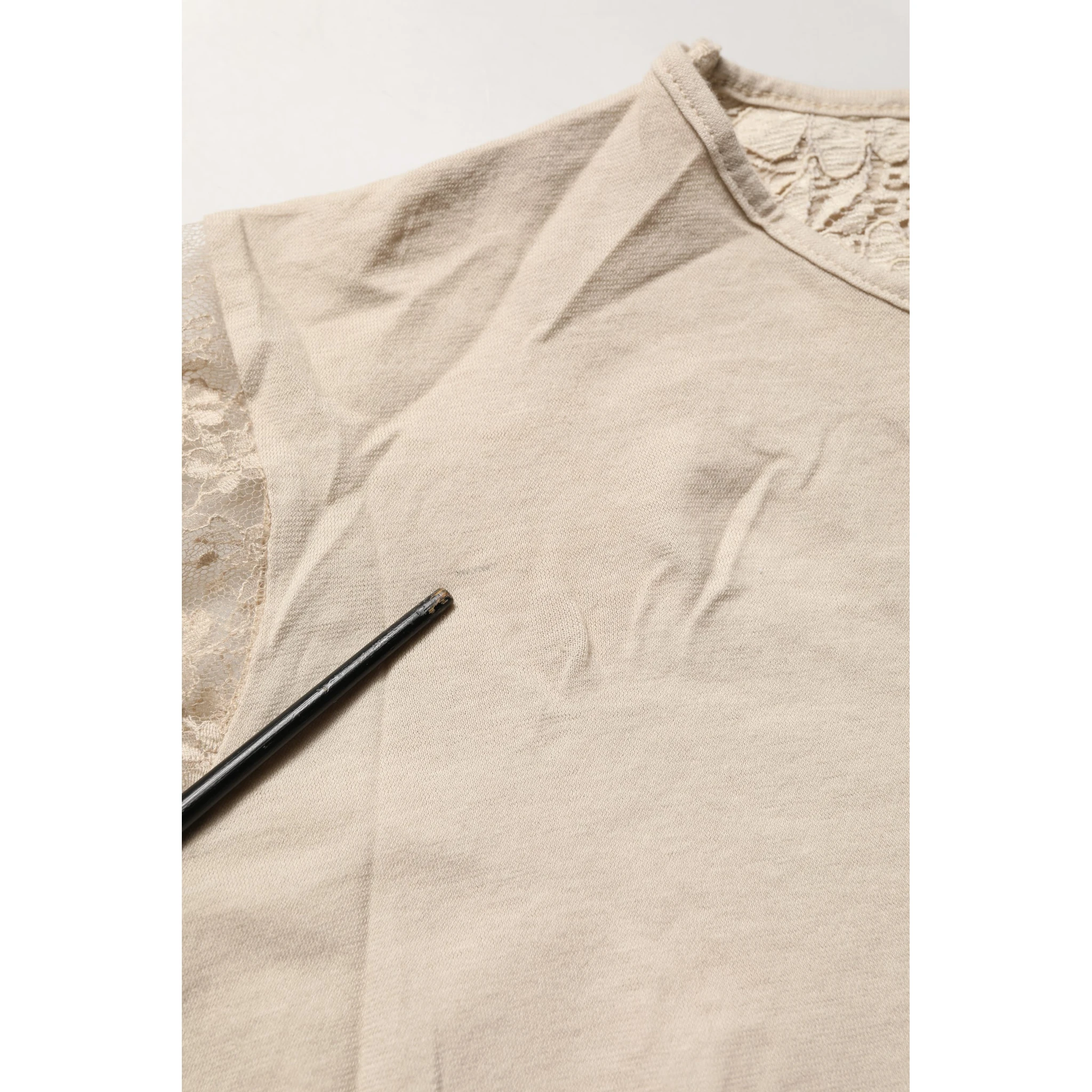 Beige Cotton Lace Detailing Round Neck Top