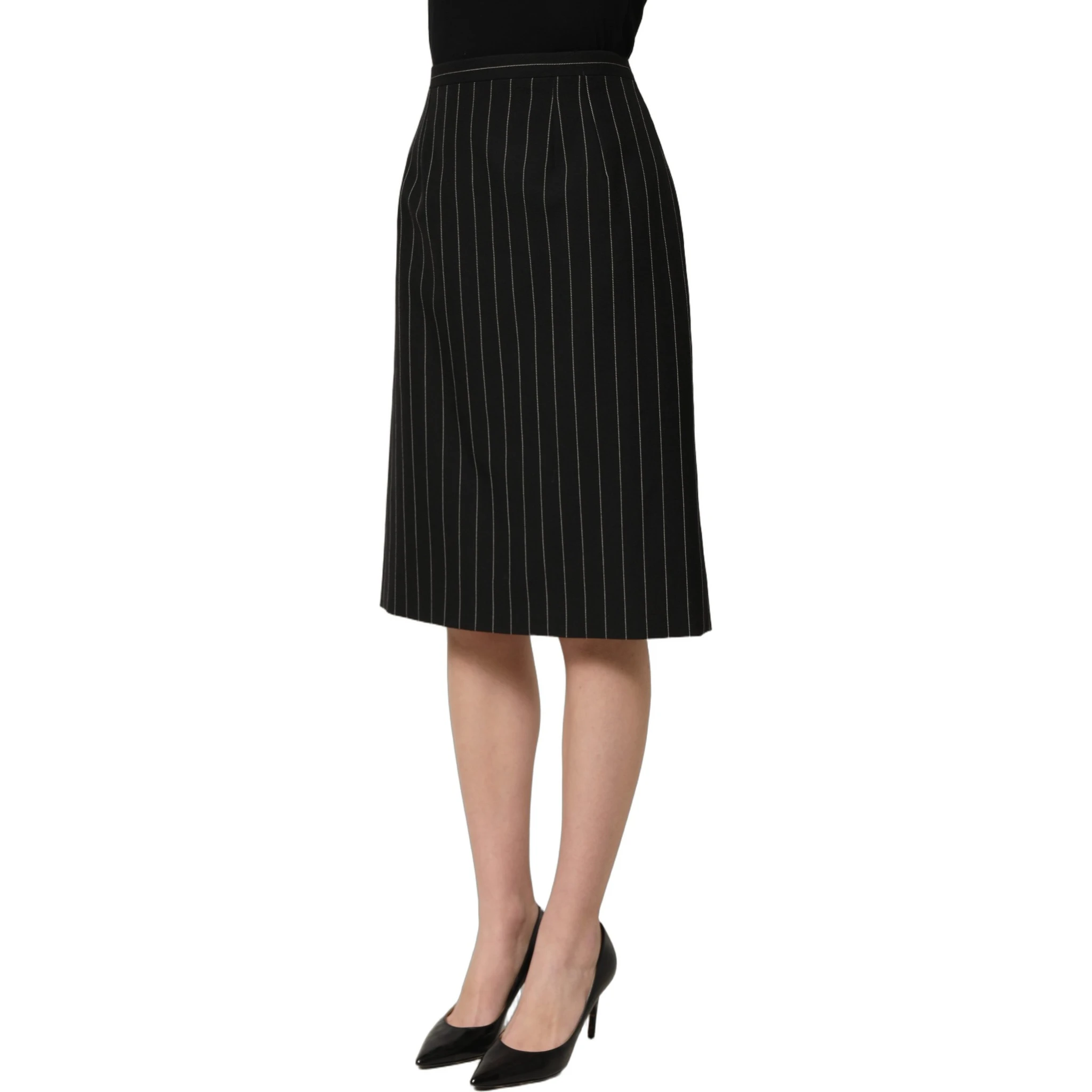 Black Pinstriped HighWaist Pencil Cut Skirt