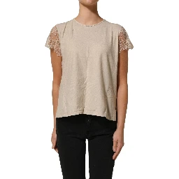 Beige Cotton Lace Detailing Round Neck Top