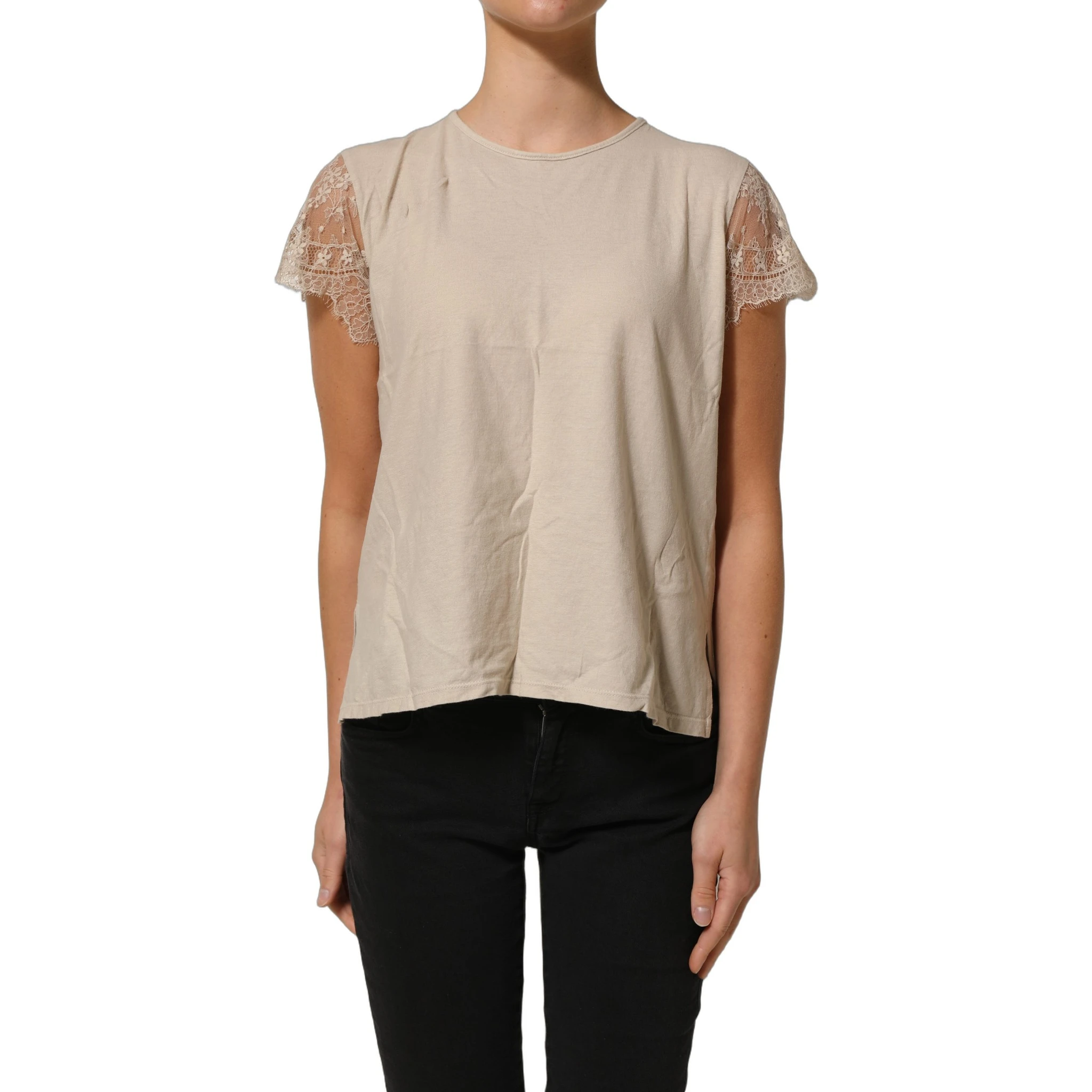 Beige Cotton Lace Detailing Round Neck Top