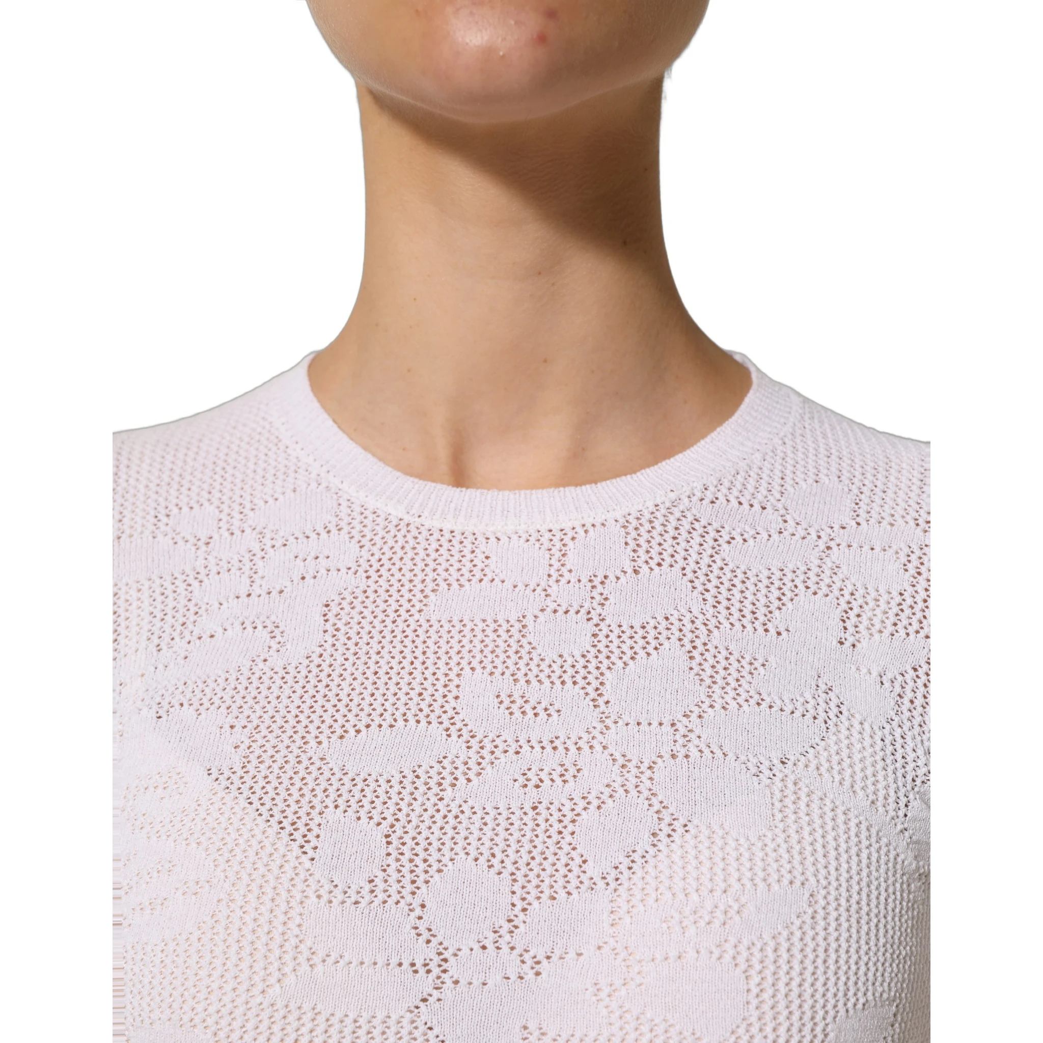 White Floral Lace Knit Fabric Short Sleeves Blouse Top