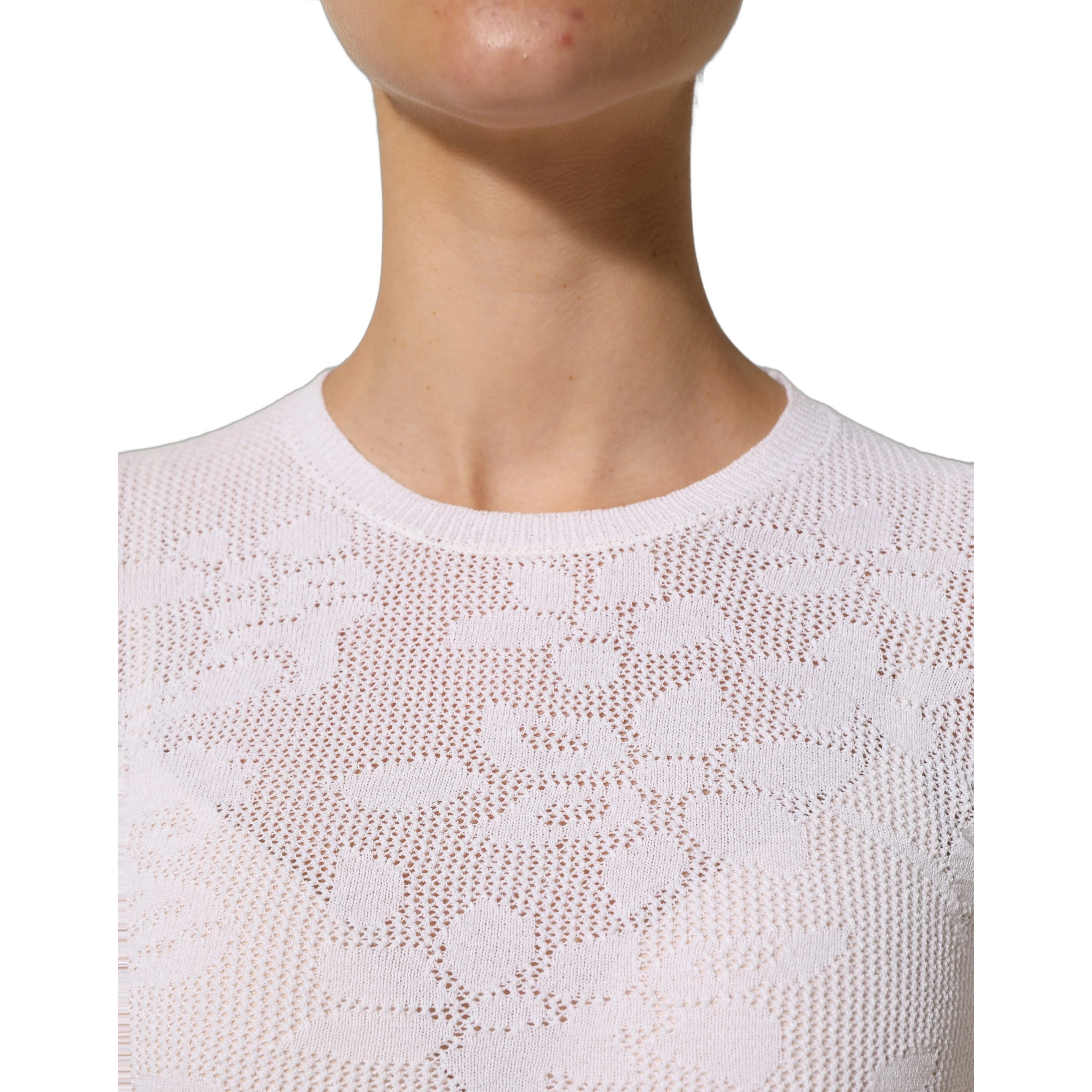 White Floral Lace Knit Fabric Short Sleeves Blouse Top