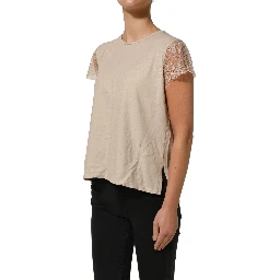 Beige Cotton Lace Detailing Round Neck Top