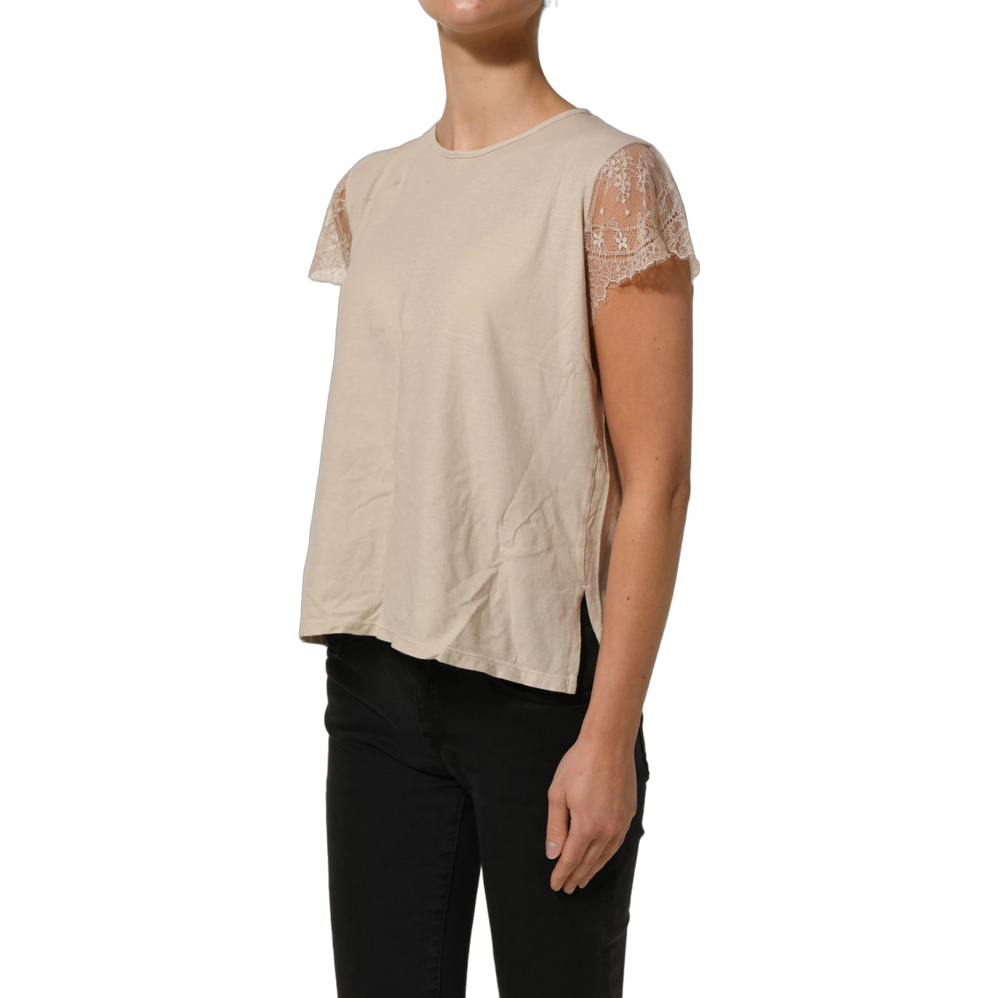 Beige Cotton Lace Detailing Round Neck Top
