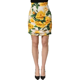 White Rose Print HighWaist Sheath Mini Skirt