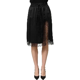 Black Lace Trimmed Satin Side Slit Skirt