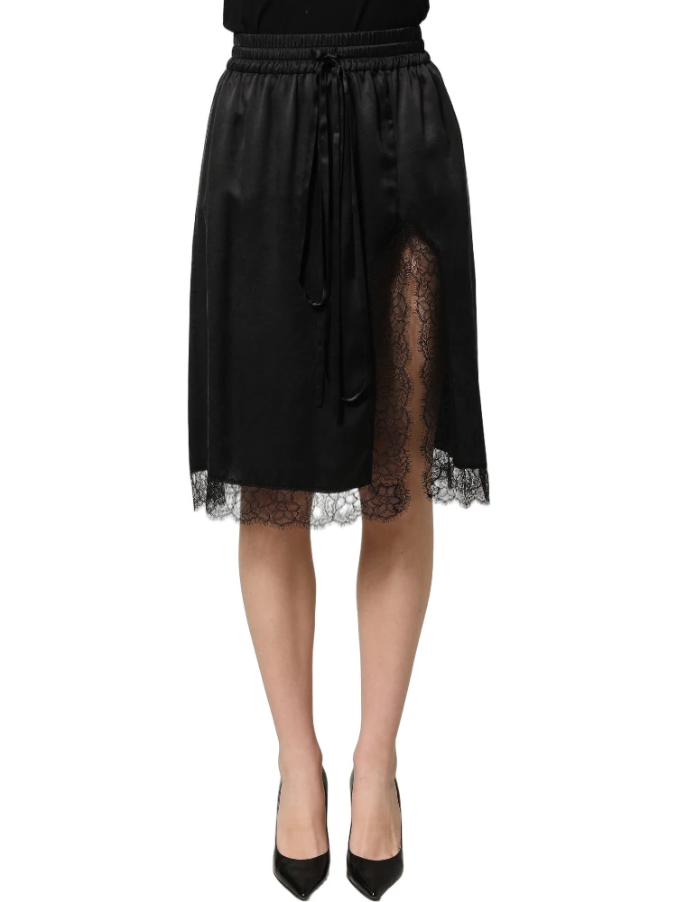 Black Lace Trimmed Satin Side Slit Skirt alternative