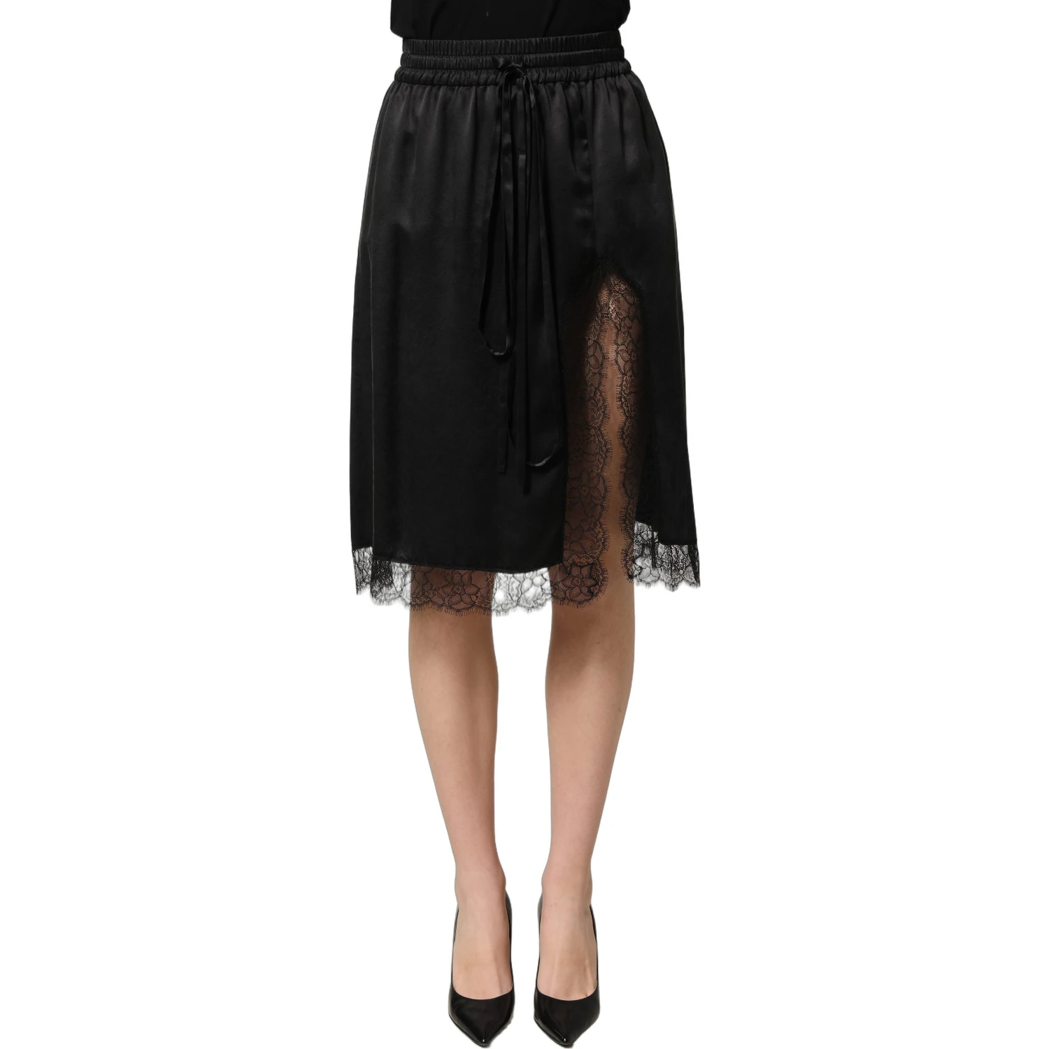 Black Lace Trimmed Satin Side Slit Skirt