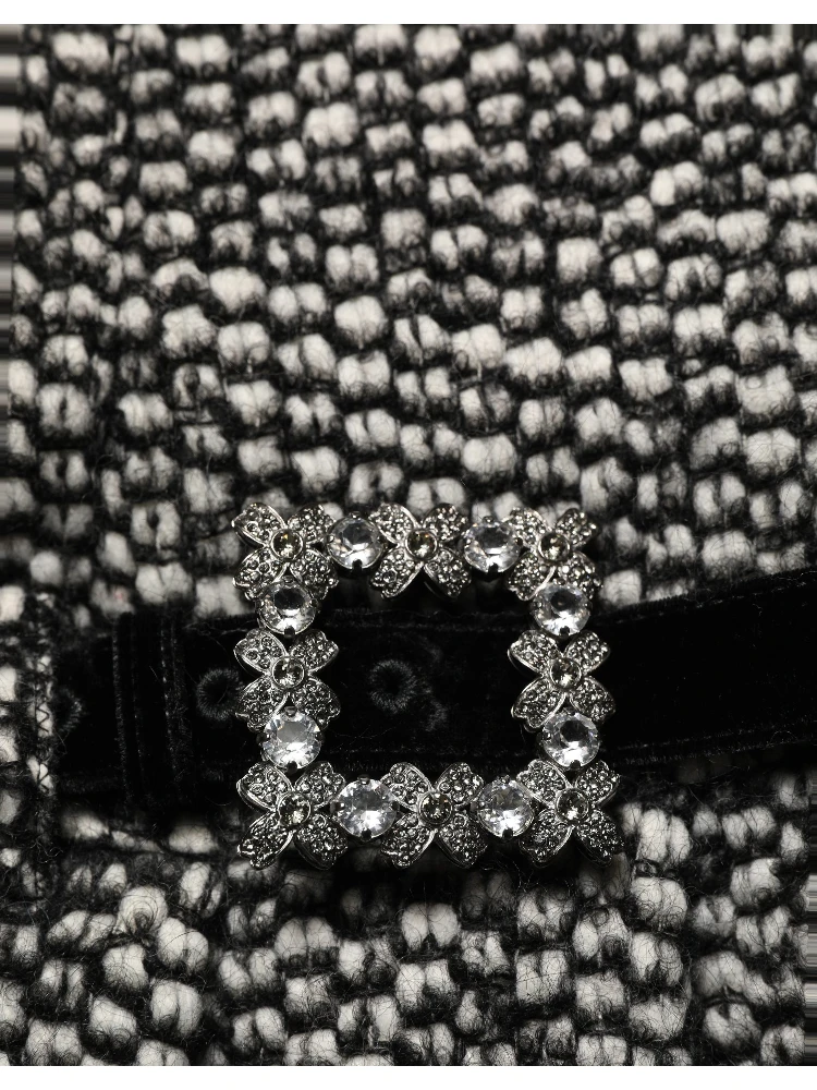 Black White Tweed High Waist Pleated Skirt