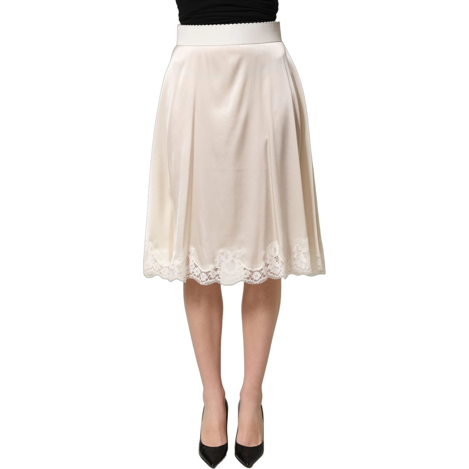 Off White Lace Trimmed Satin High Waist Skirt