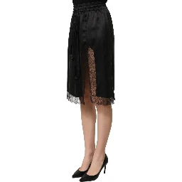 Black Lace Trimmed Satin Side Slit Skirt