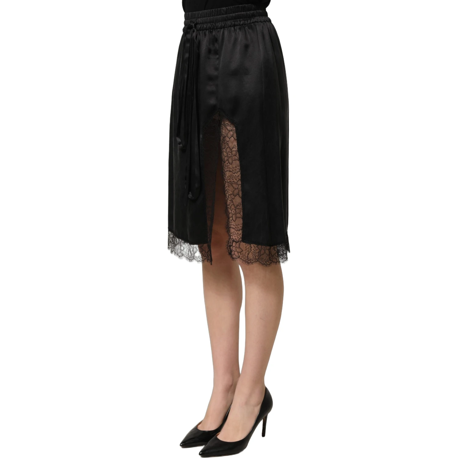 Black Lace Trimmed Satin Side Slit Skirt