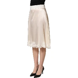 Off White Lace Trimmed Satin High Waist Skirt