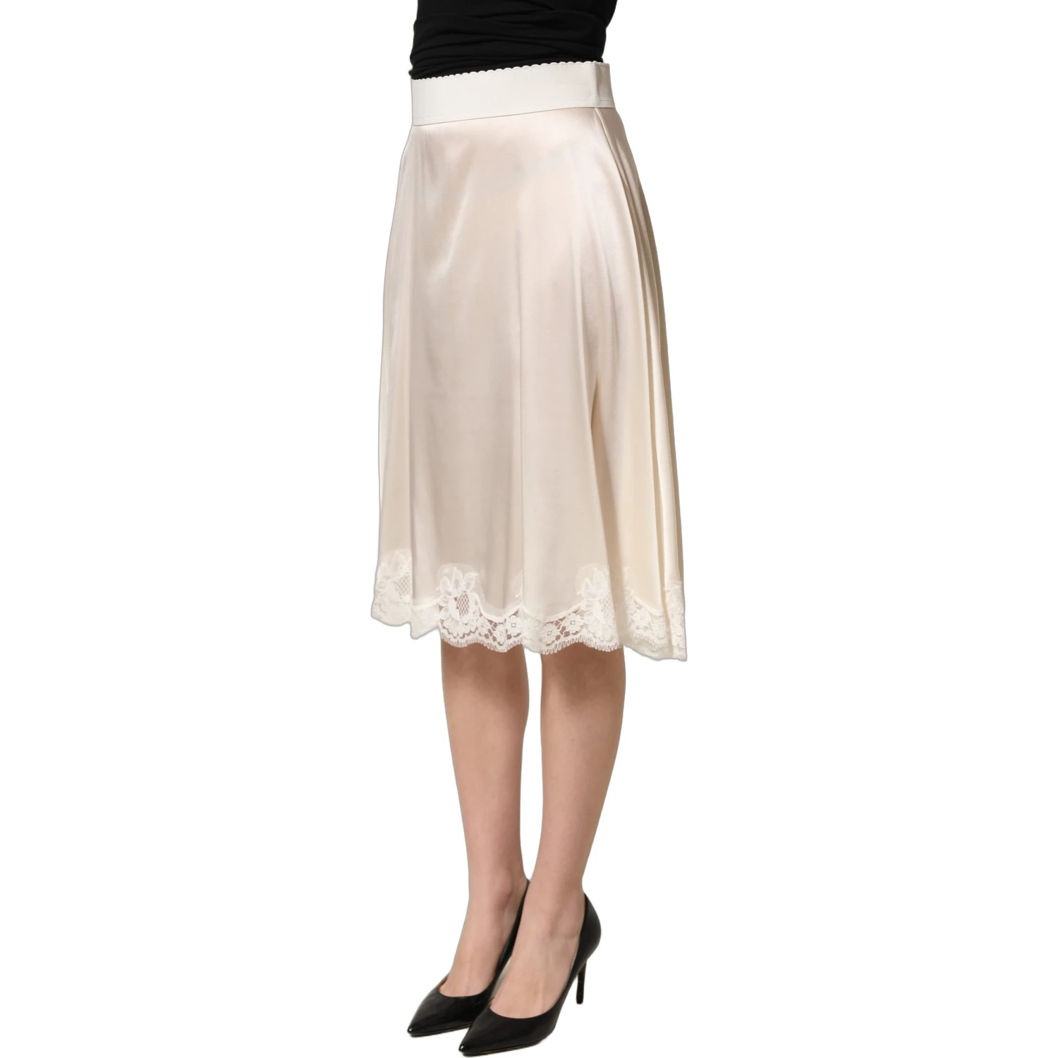 Off White Lace Trimmed Satin High Waist Skirt