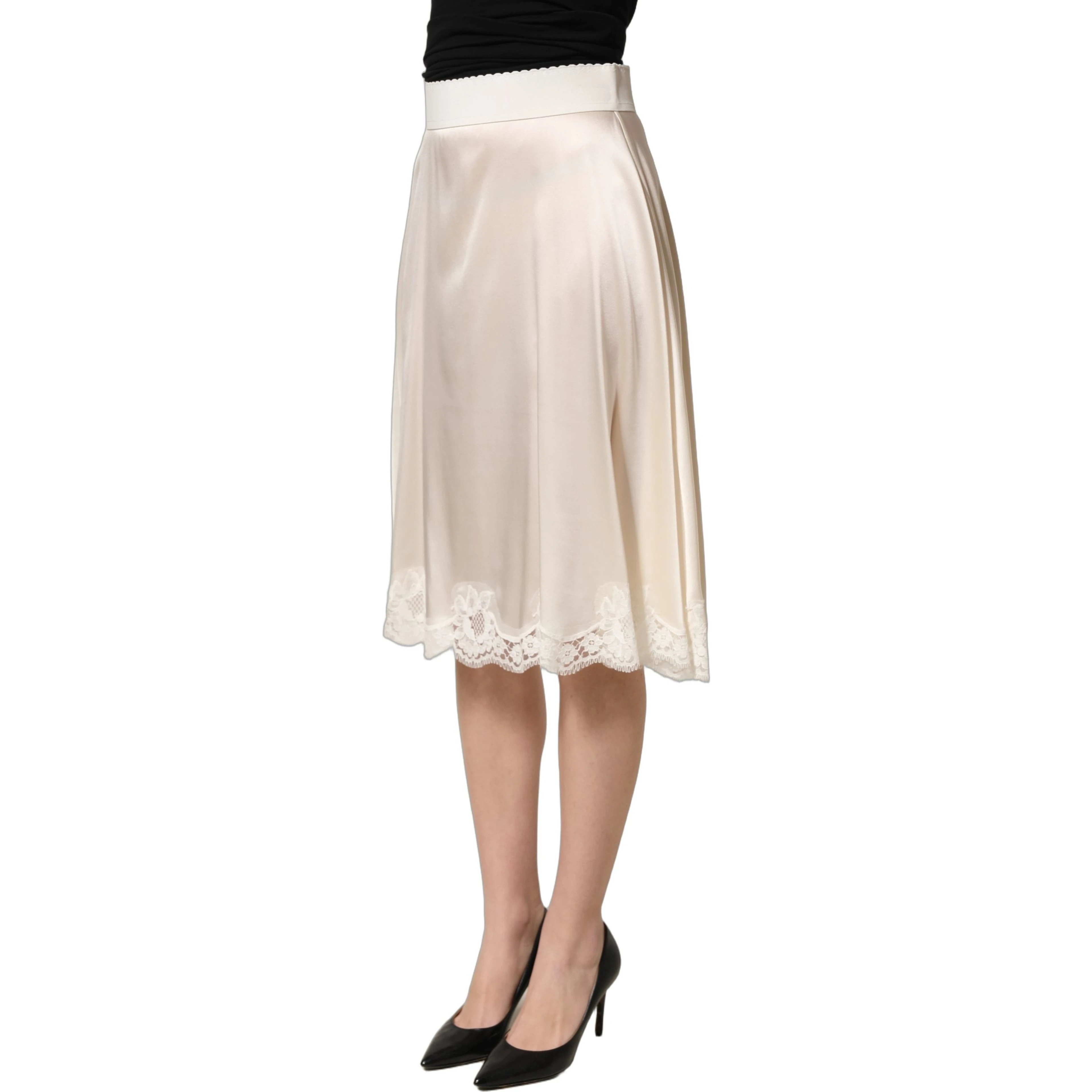 Off White Lace Trimmed Satin High Waist Skirt