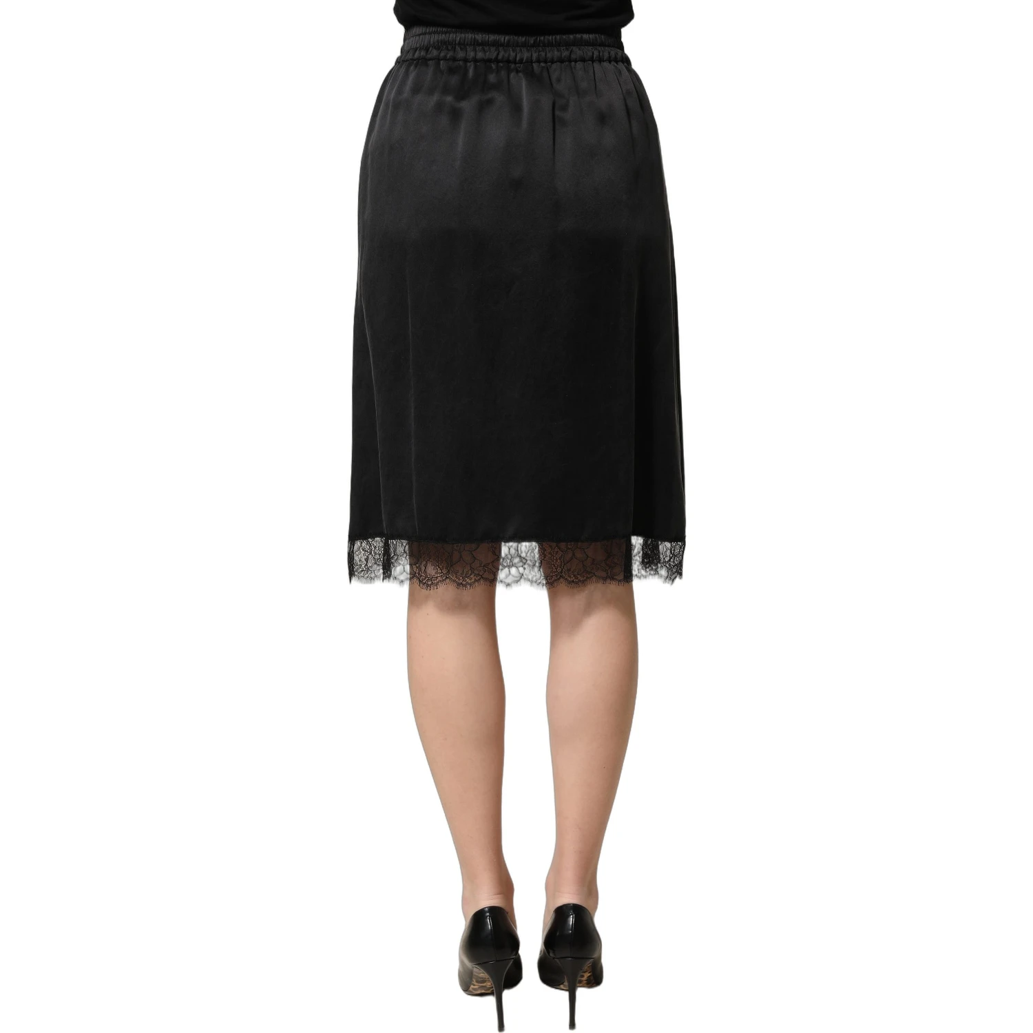 Black Lace Trimmed Satin Side Slit Skirt