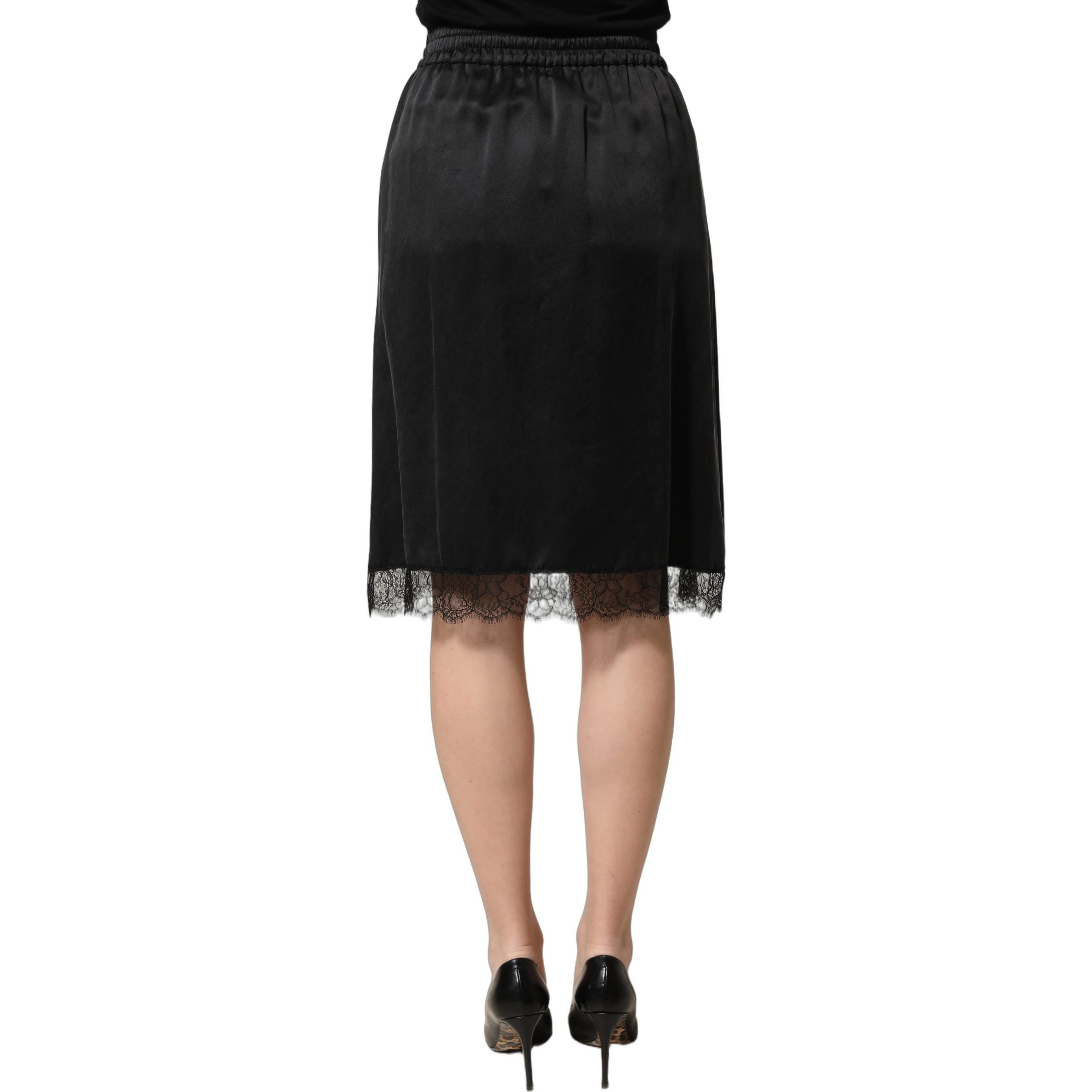 Black Lace Trimmed Satin Side Slit Skirt