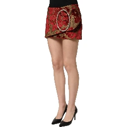 Maroon Floral Jacquard Rhinestone Mini Skirt