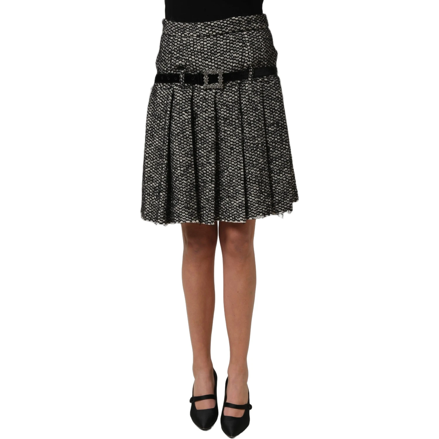 Black White Tweed High Waist Pleated Skirt