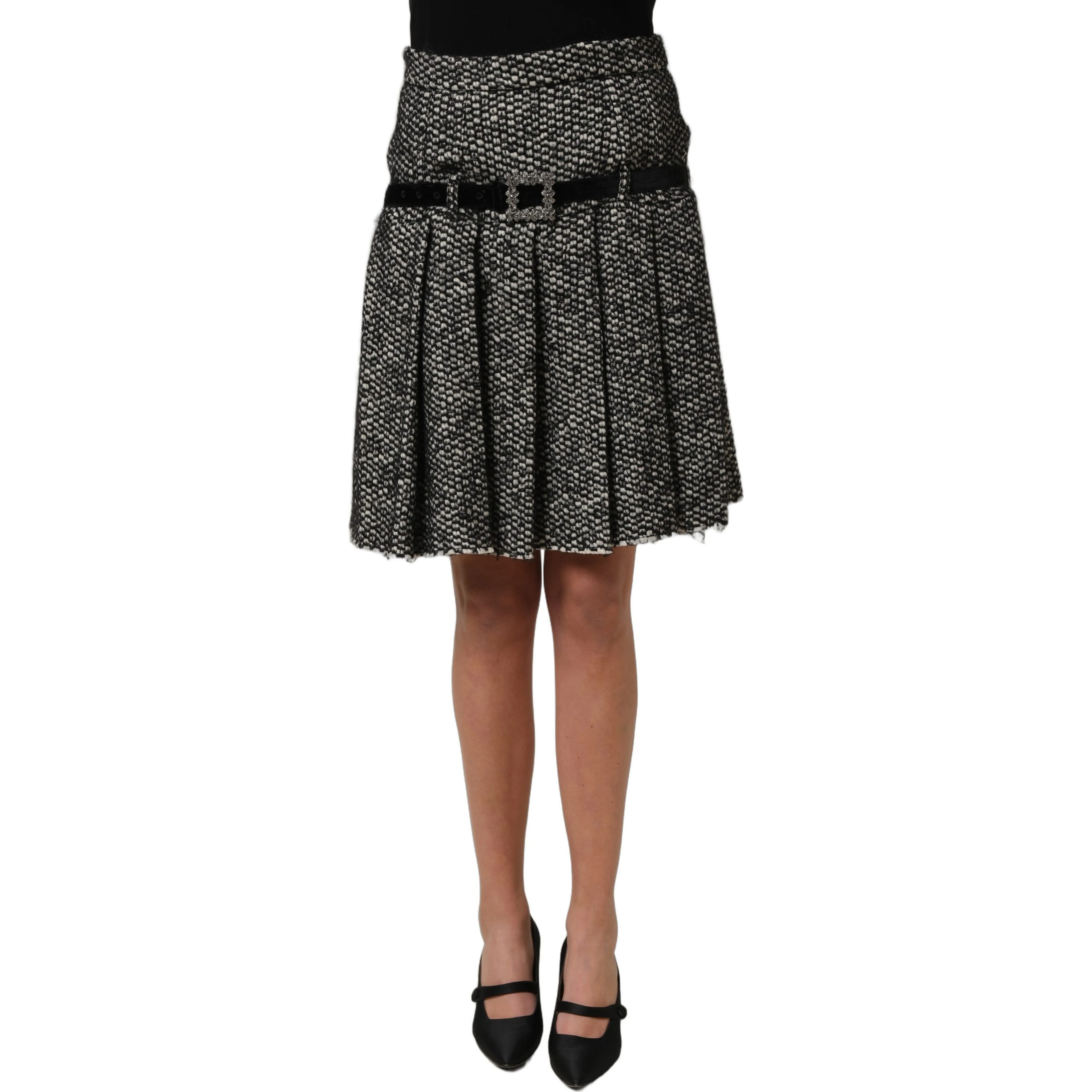 Black White Tweed High Waist Pleated Skirt
