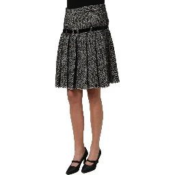 Black White Tweed High Waist Pleated Skirt