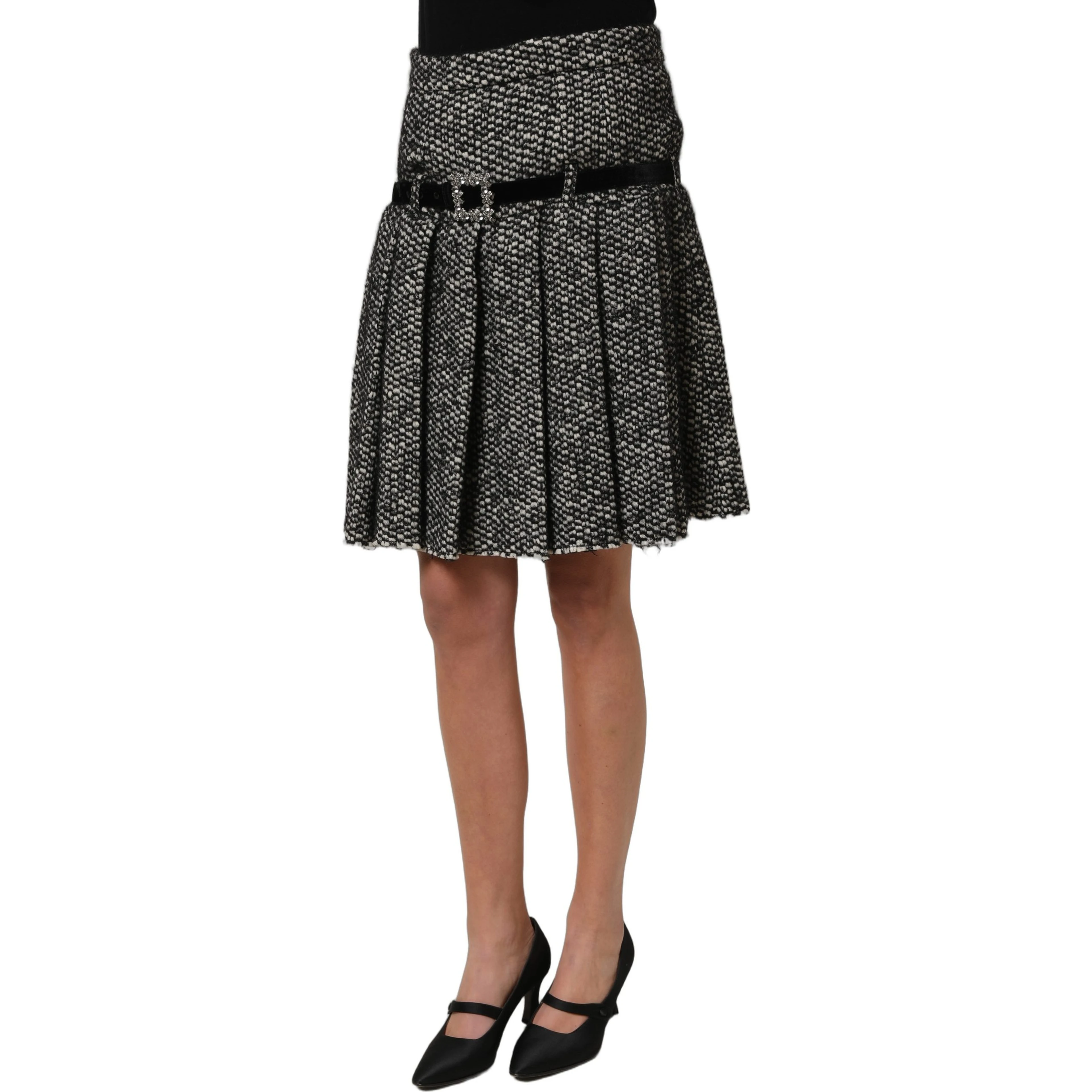 Black White Tweed High Waist Pleated Skirt