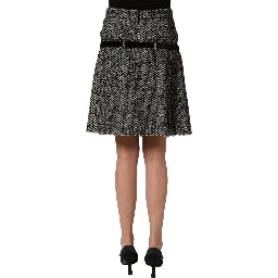 Black White Tweed High Waist Pleated Skirt
