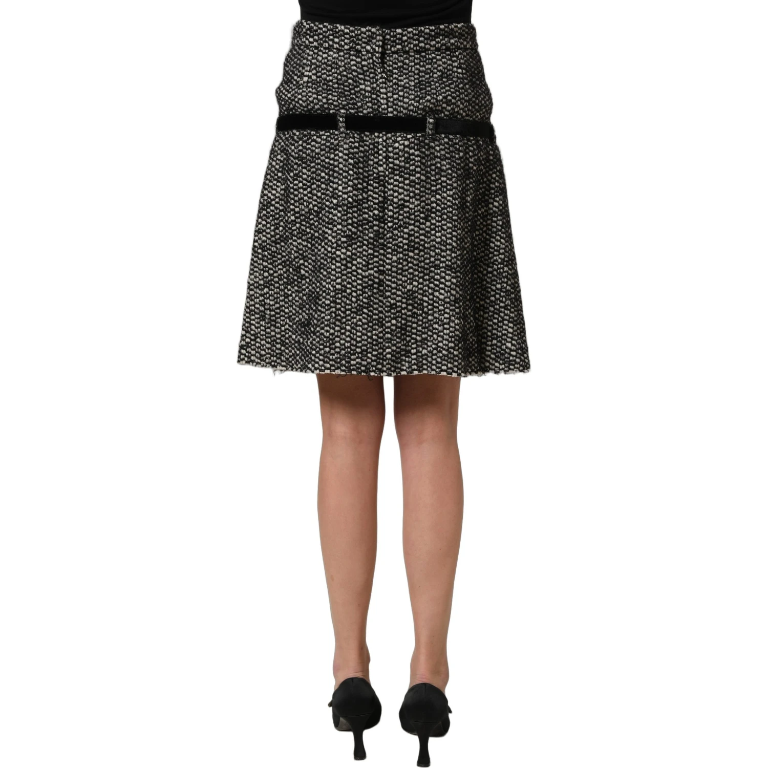 Black White Tweed High Waist Pleated Skirt