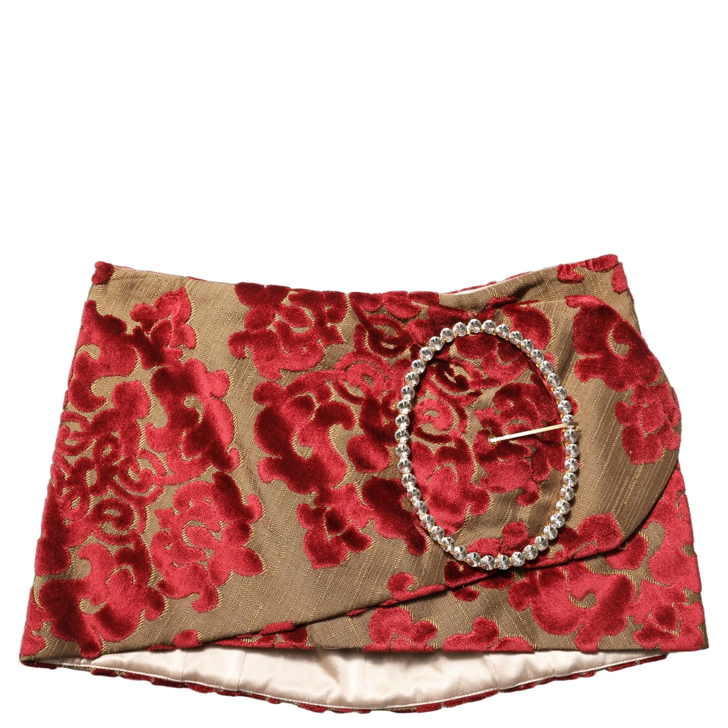 Maroon Floral Jacquard Rhinestone Mini Skirt