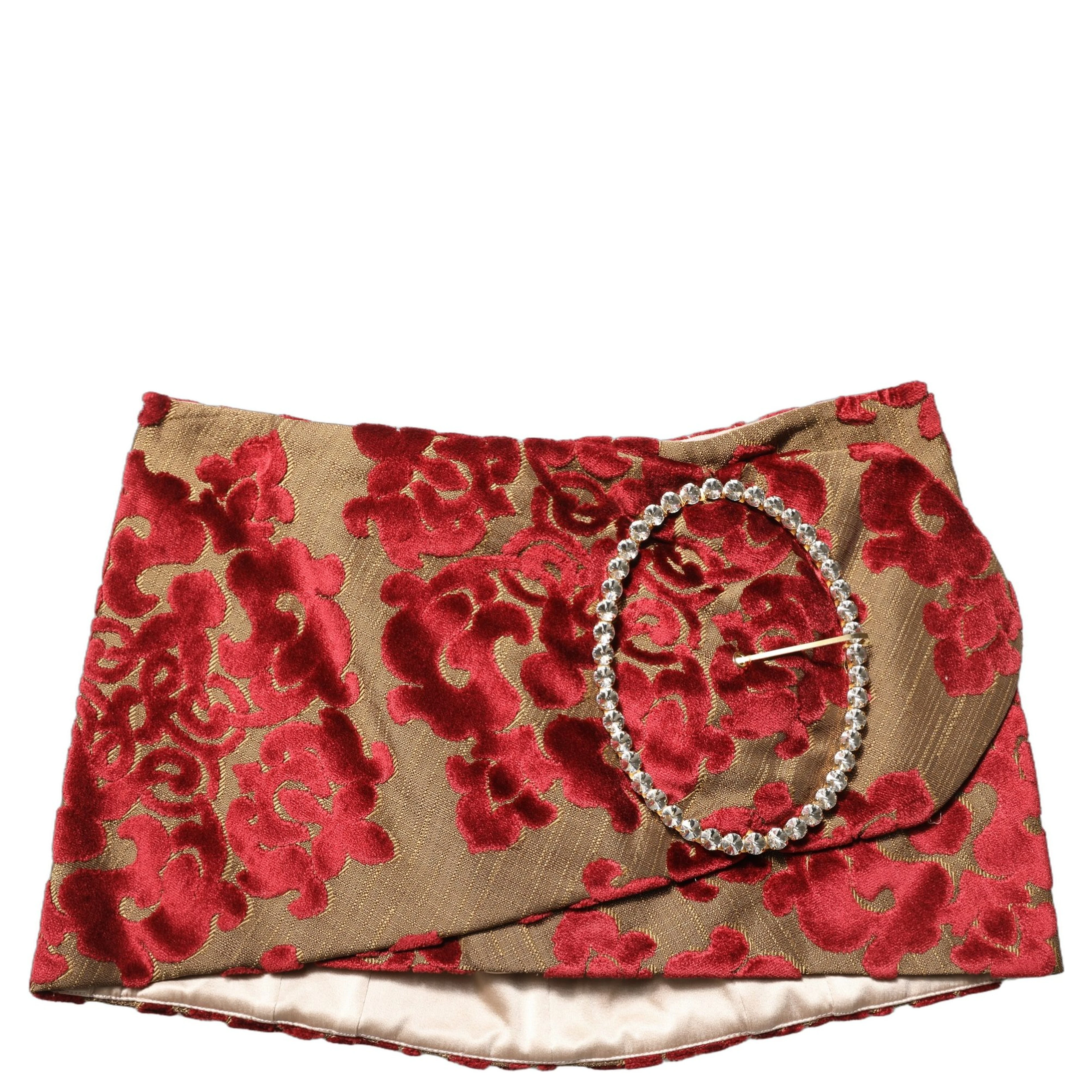 Maroon Floral Jacquard Rhinestone Mini Skirt