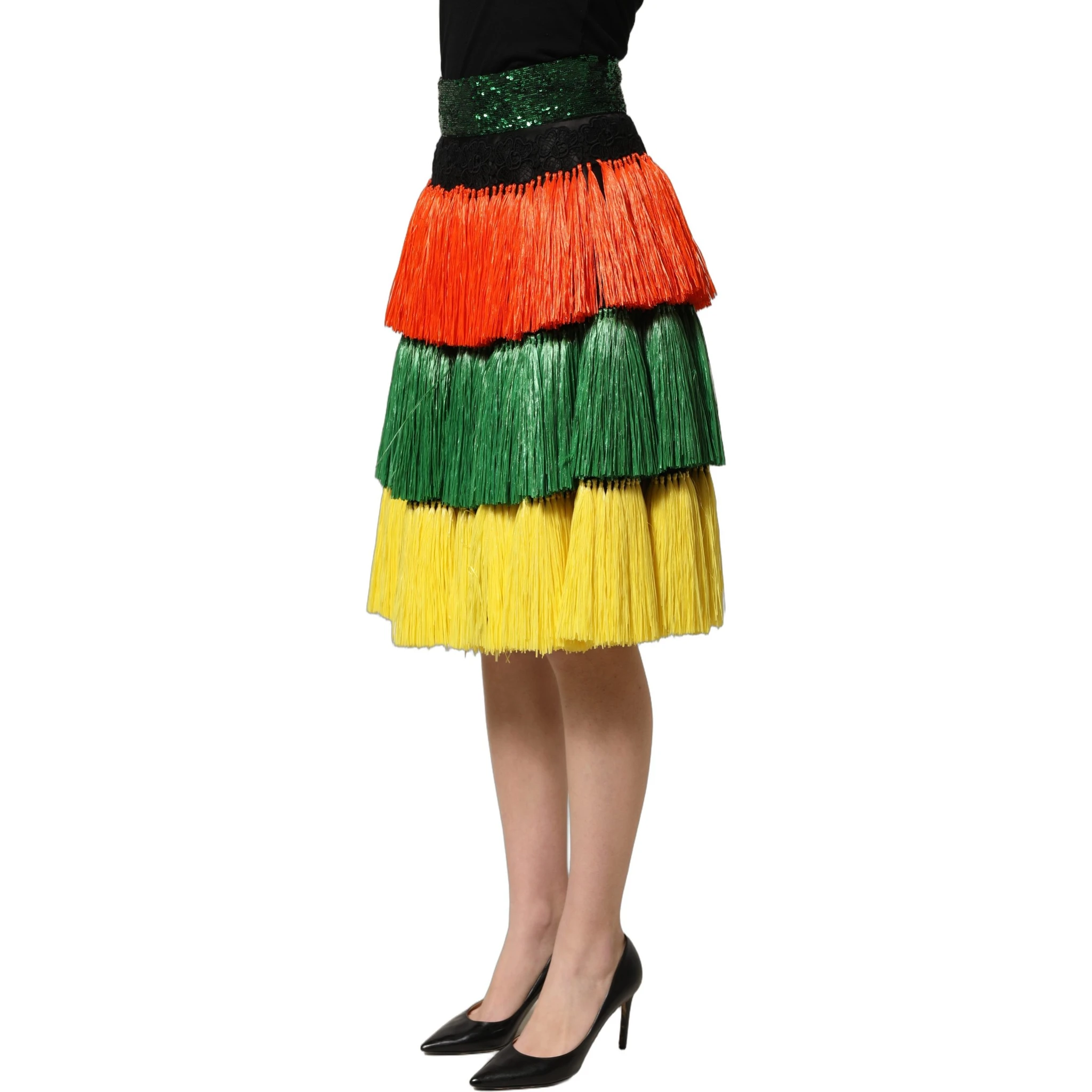 Multicolor Fringe Sequin High Waist Knee Length Skirt