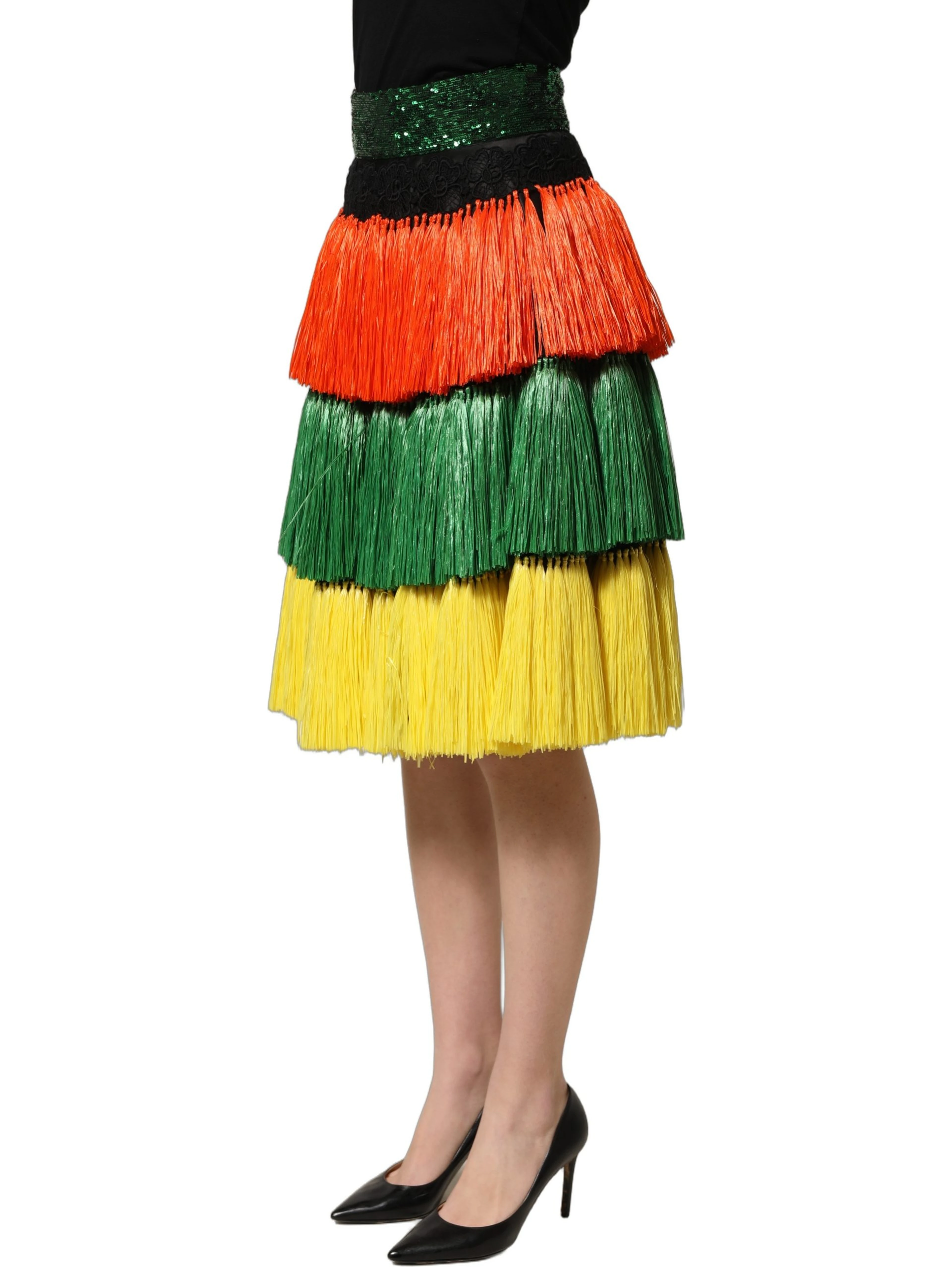 Multicolor Fringe Sequin High Waist Knee Length Skirt