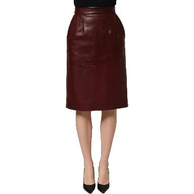 Burgundy Leather High Waist Pencil Midi Skirt