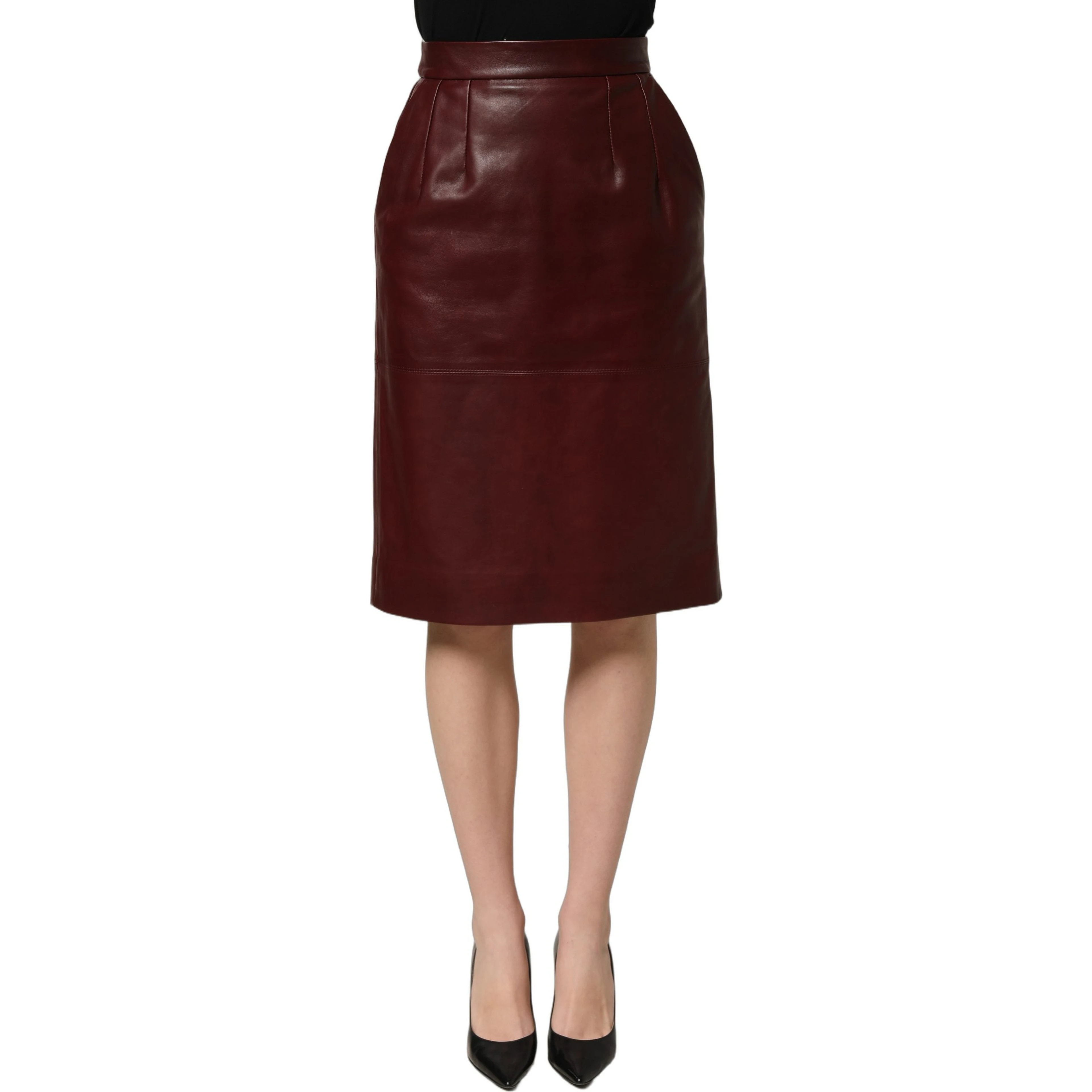 Burgundy Leather High Waist Pencil Midi Skirt