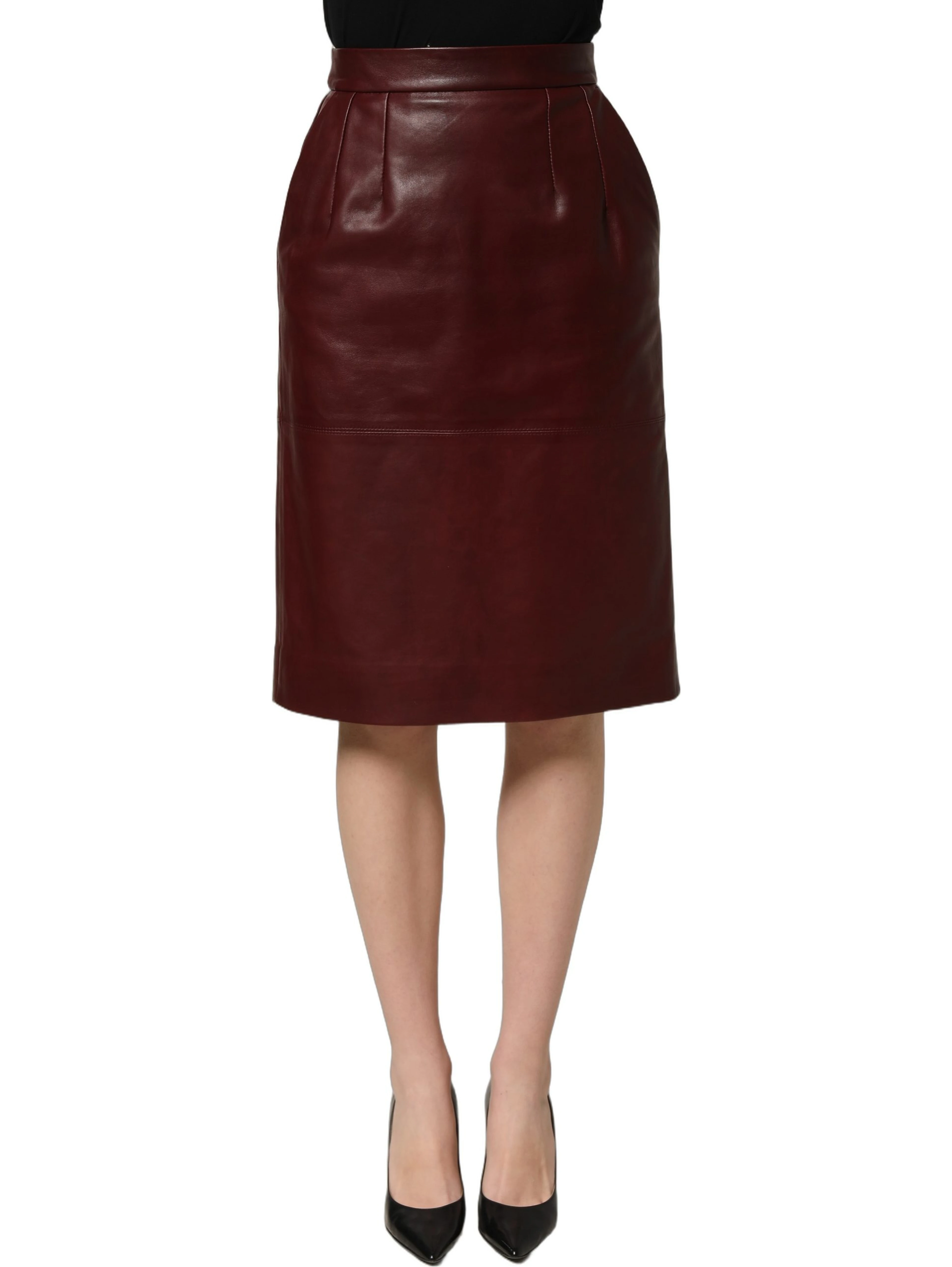 Burgundy Leather High Waist Pencil Midi Skirt