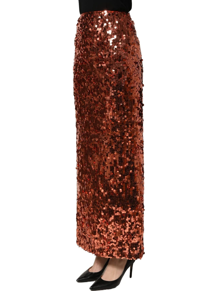 Bronze Sequin HighWaist PencilCut Midi Skirt