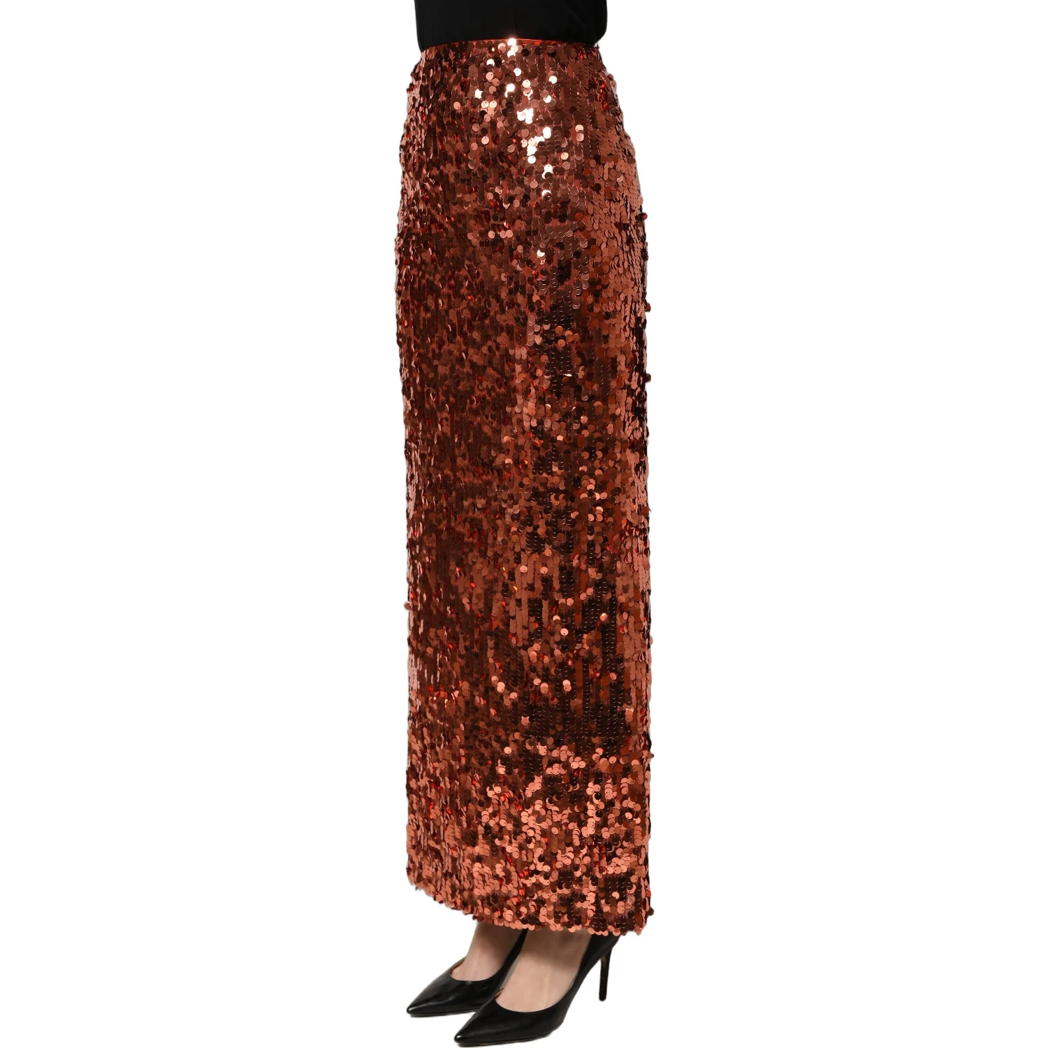 Bronze Sequin HighWaist PencilCut Midi Skirt
