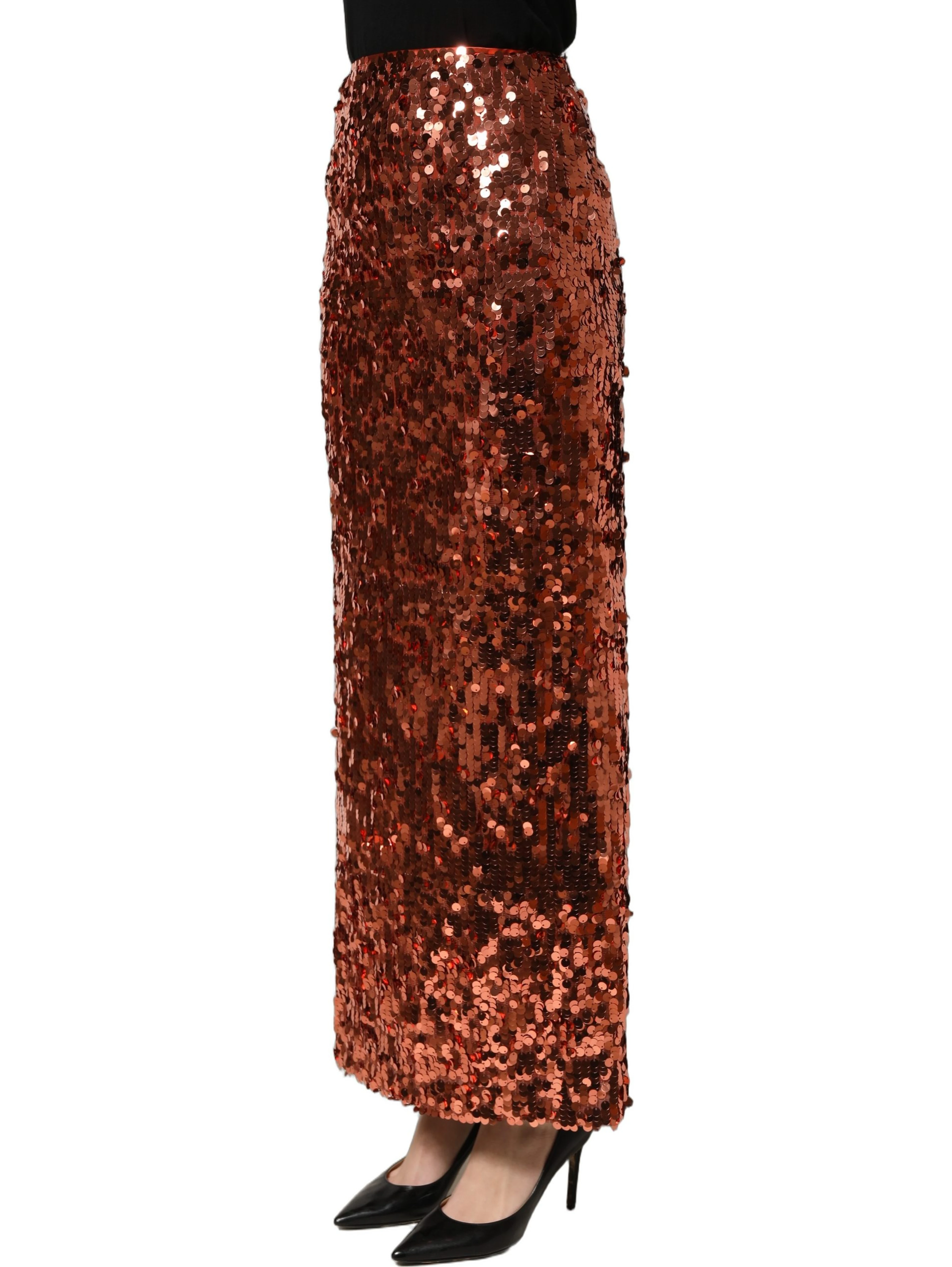 Bronze Sequin HighWaist PencilCut Midi Skirt