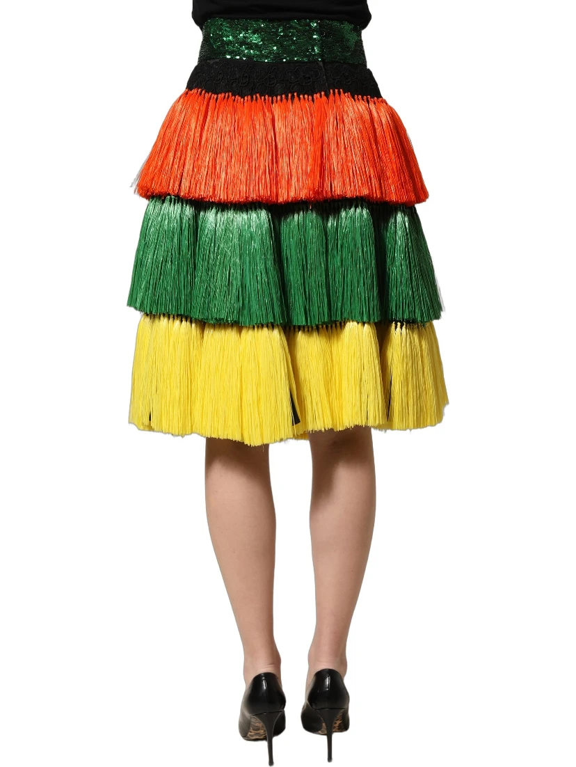 Multicolor Fringe Sequin High Waist Knee Length Skirt