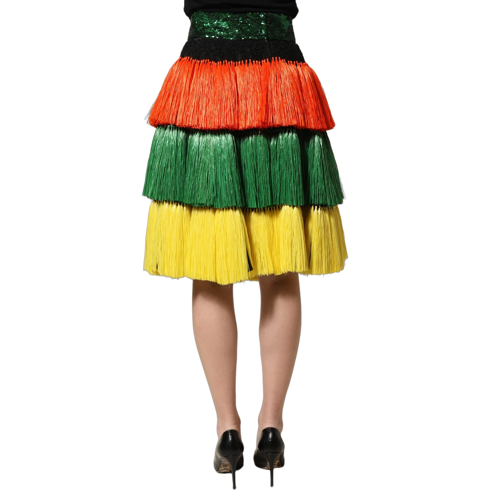 Multicolor Fringe Sequin High Waist Knee Length Skirt