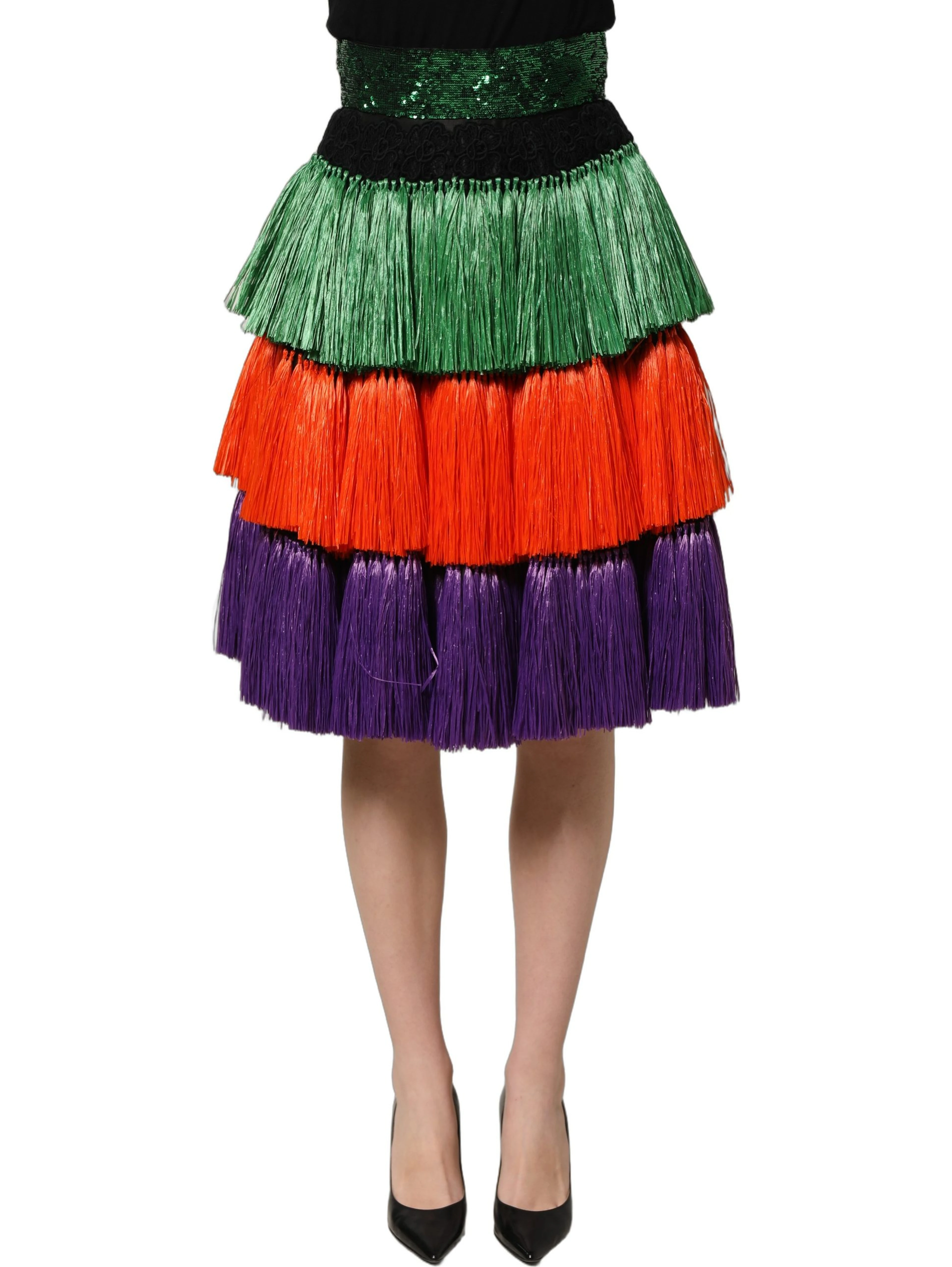 Multicolor Fringed High Waist Knee Length Skirt